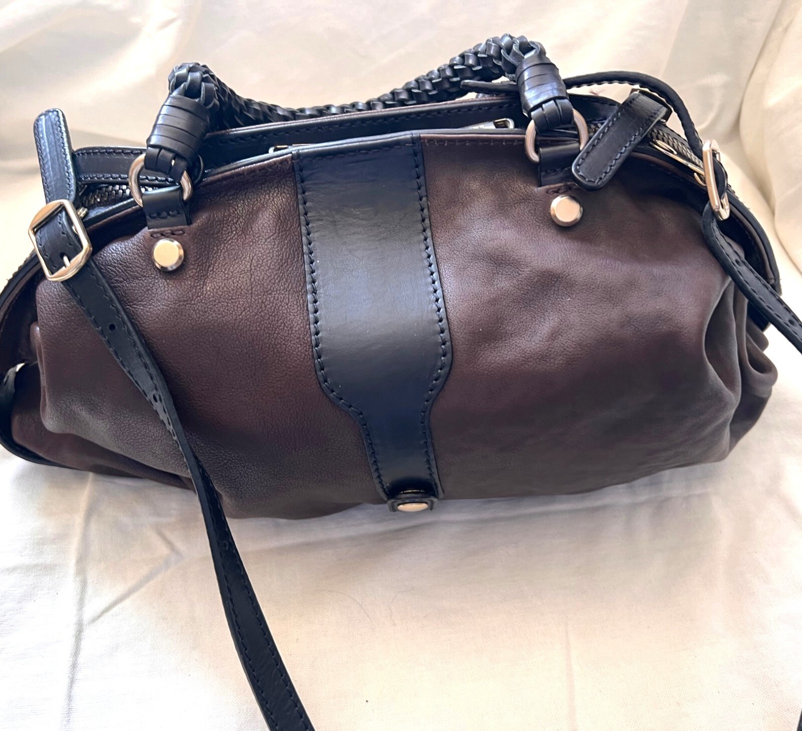 Gryson Skye Brown Soft Supple Leather w Black Leather Trim Shoulder Bag Handbag