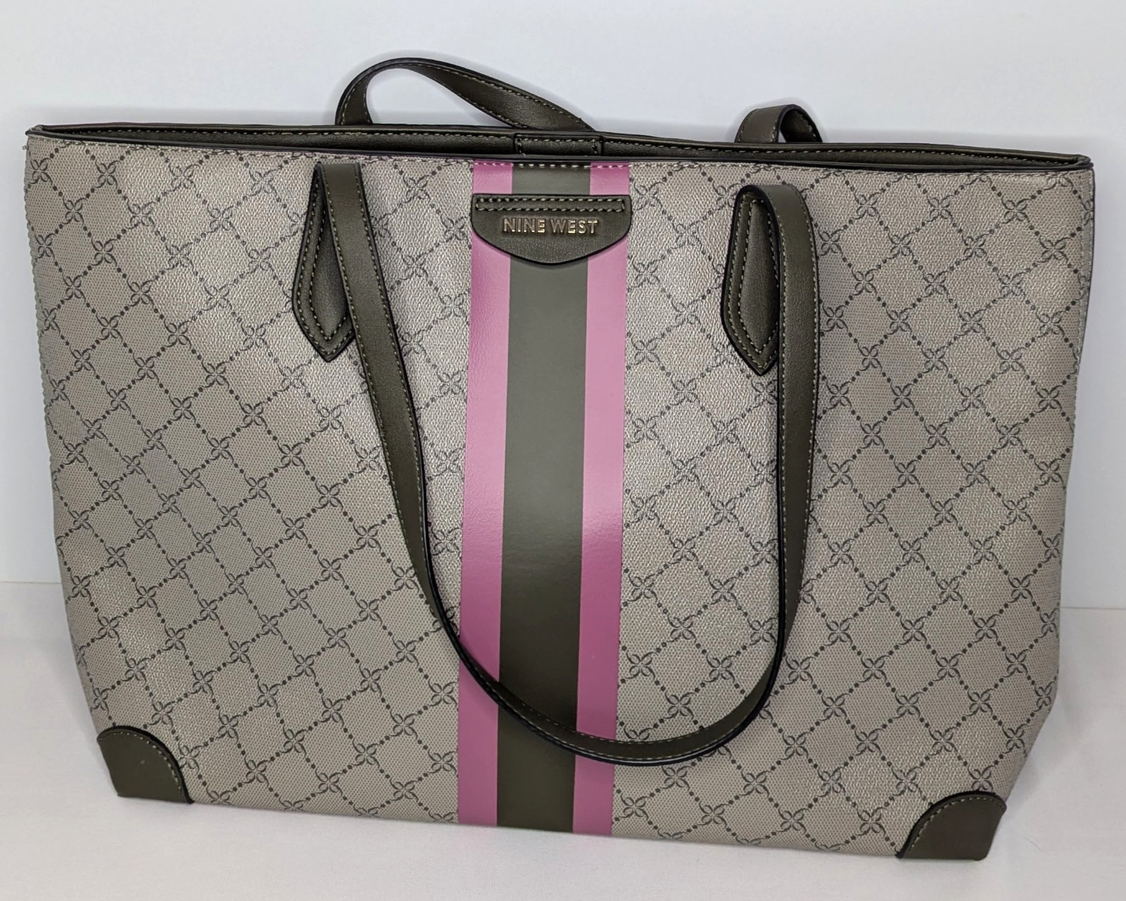 Nine West Tote Bag Featuring a Beige Geometric Print and Pink and Olive Accents