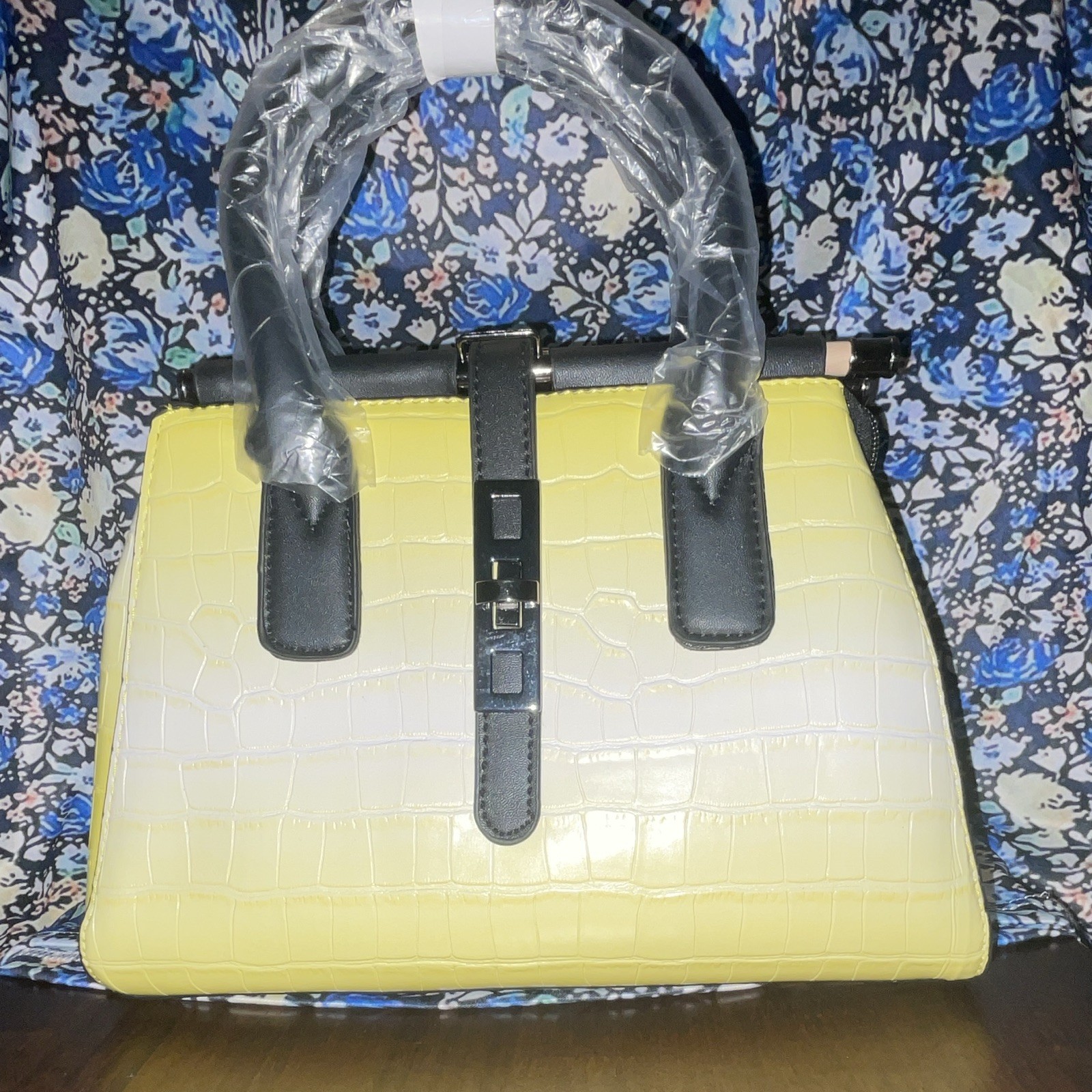 Yellow Black Croc-Embossed Satchel Top Handle Bag Zip Detachable Strap Silver