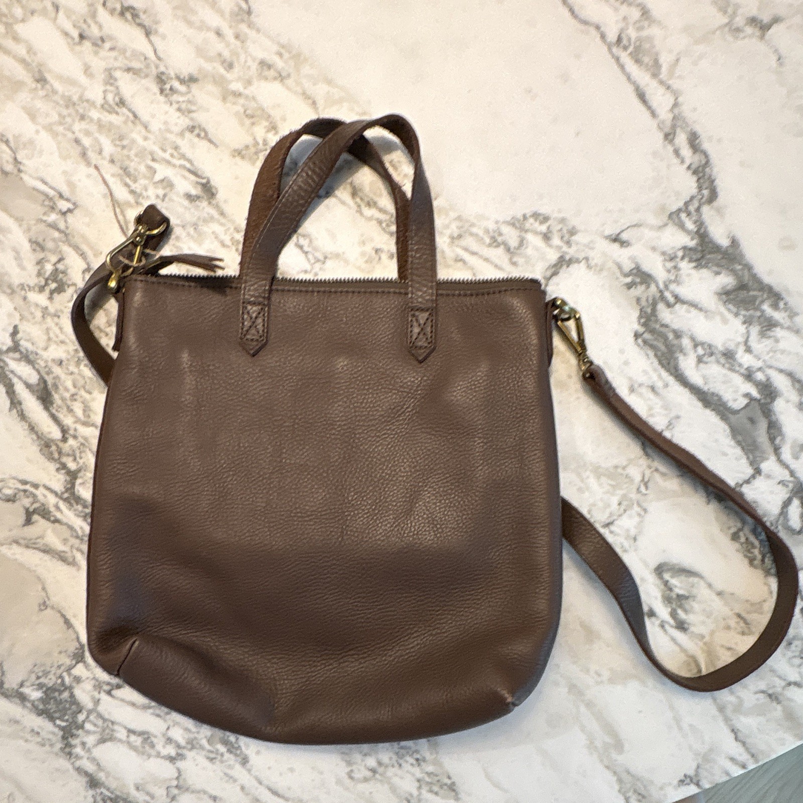 Madewell Brown Pebbled Satchel Bag, Zip Closure, Detachable Adjustable Strap