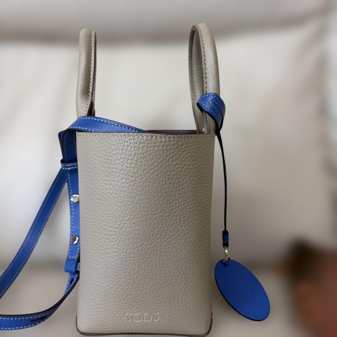 Tods Greige White Blue Leather 2Way Shoulder Bag Logo Charm Women 26.5cm 11cm
