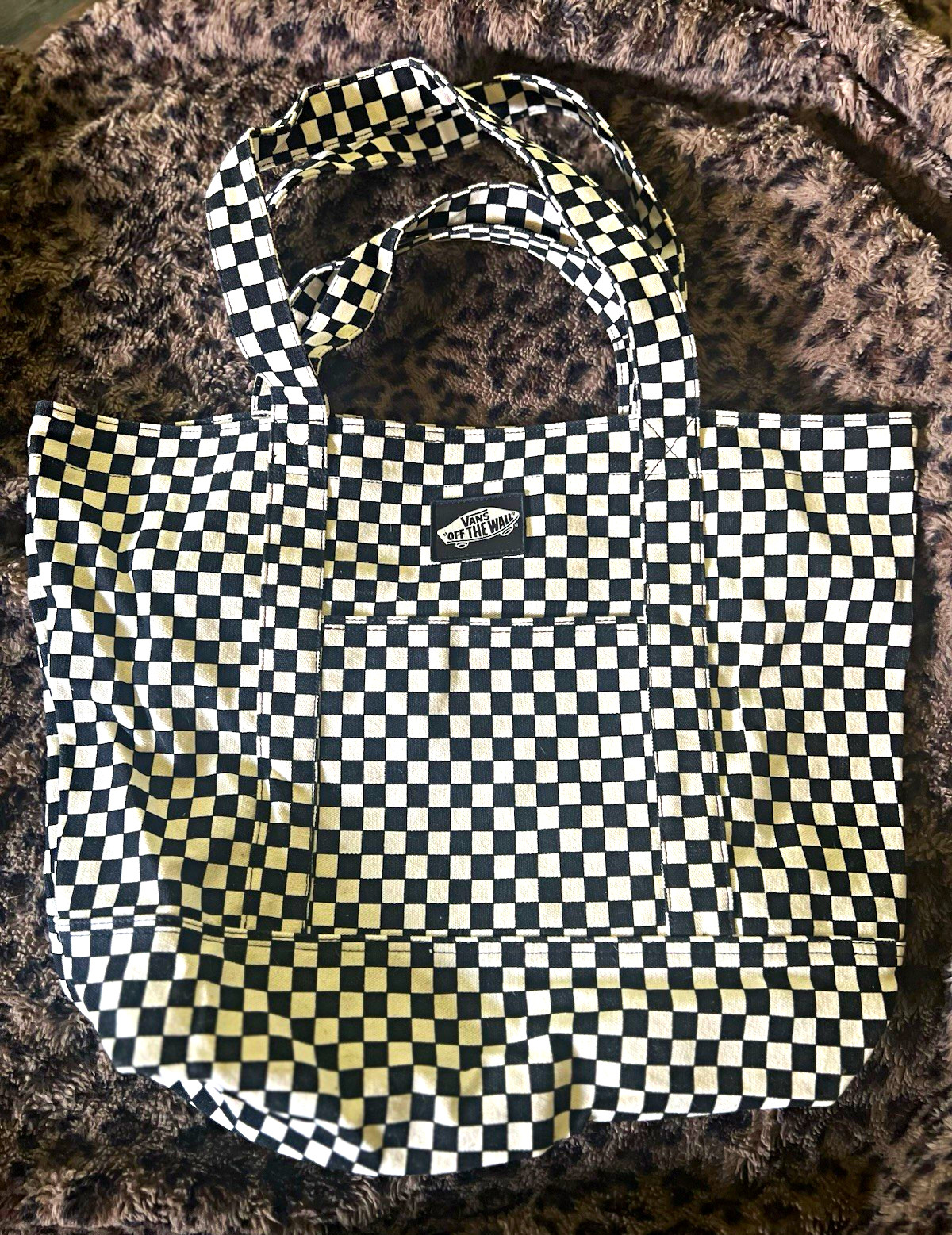 Vans Black & White Checkered Tote Bag Zip Top with Inner Pockets Logo
