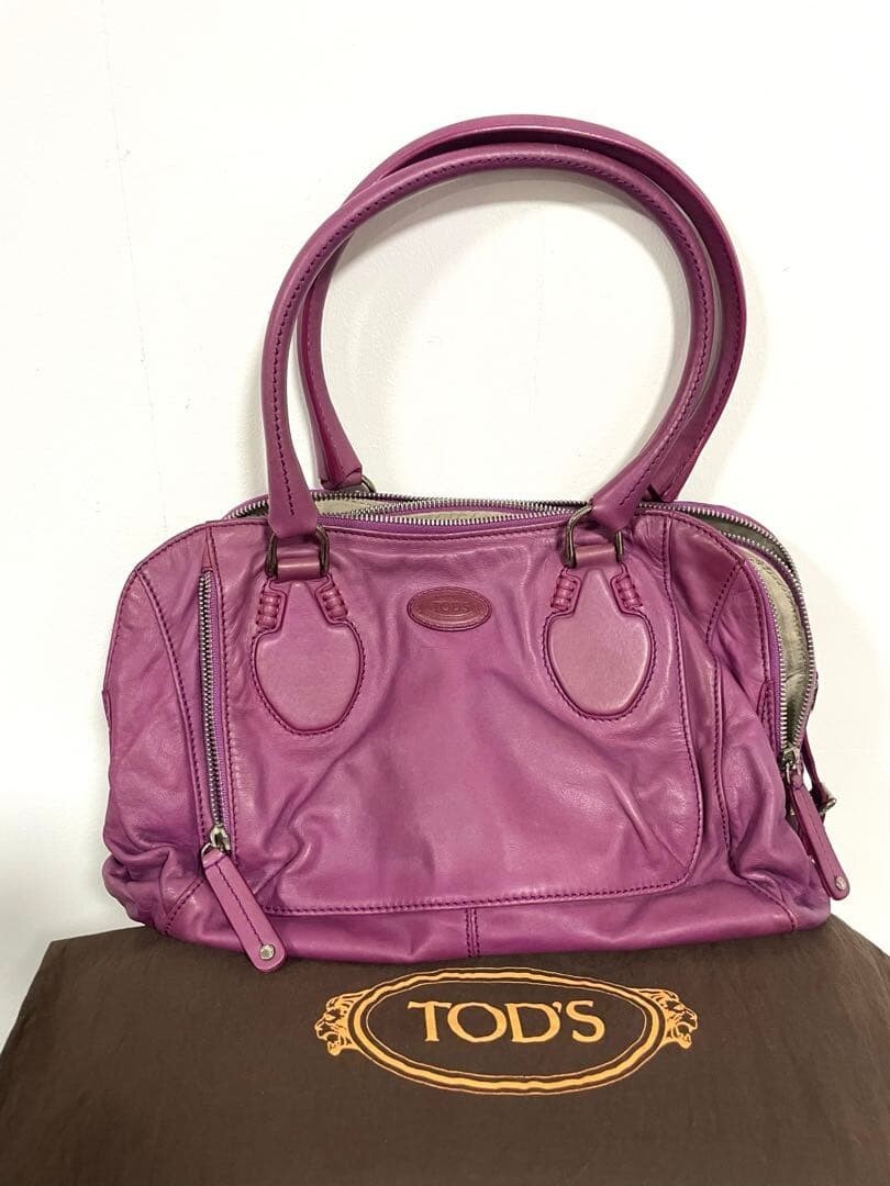 TODS Purple Leather Tote Bag Large Zip Dust Bag Made in Italy Womens 32cm