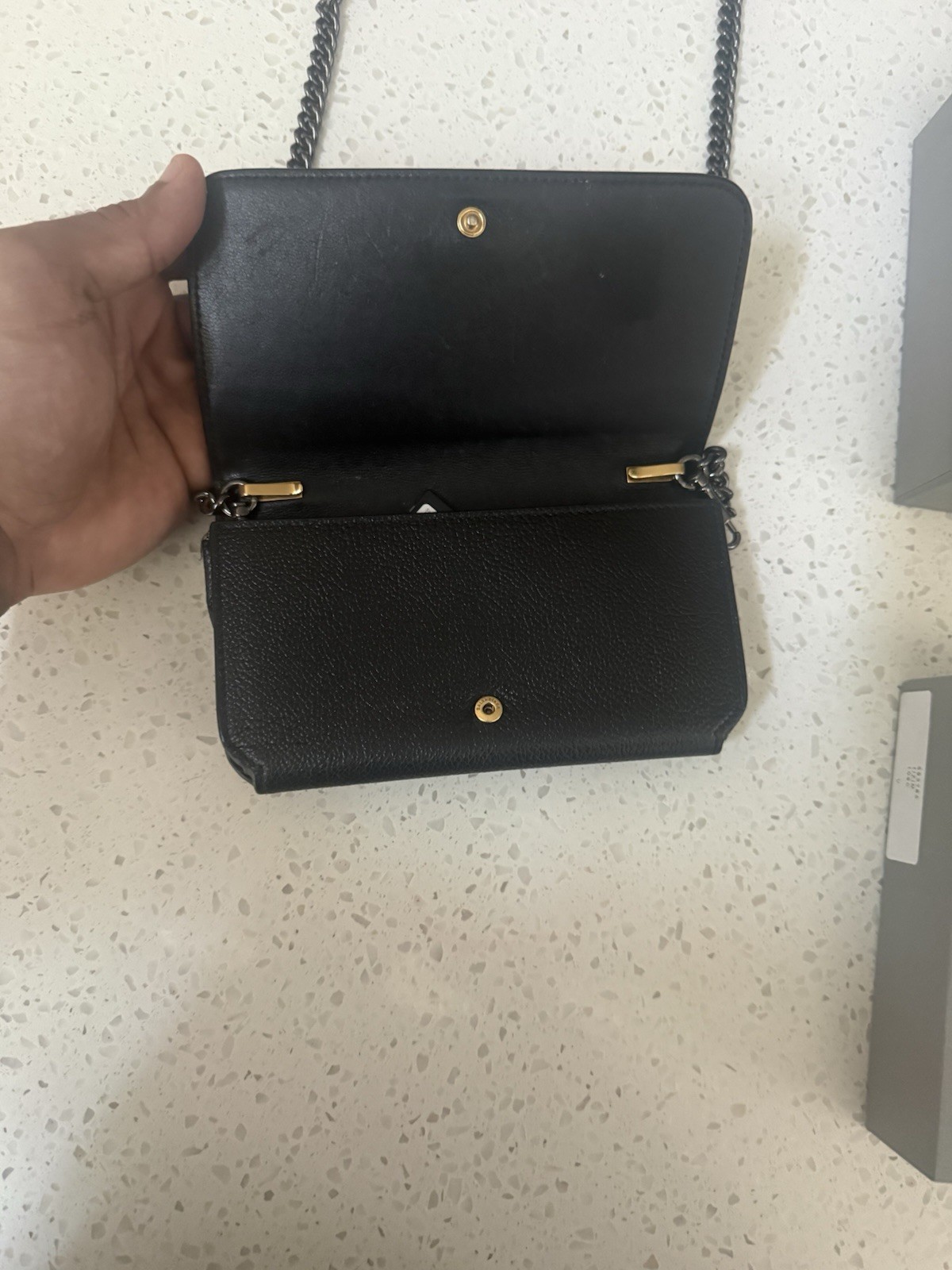 Balenciaga Black Leather Classic Logo Wallet on Gold Chain Crossbody Bag