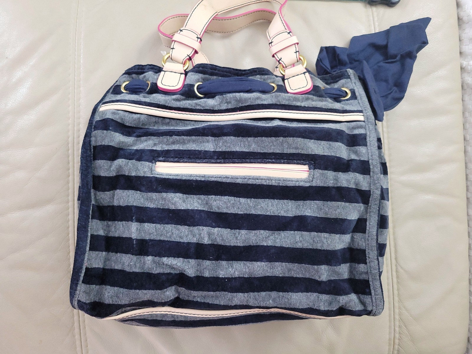 Vintage Navy and Gray Striped Daydreamer Juicy Couture Velour Tote Bag
