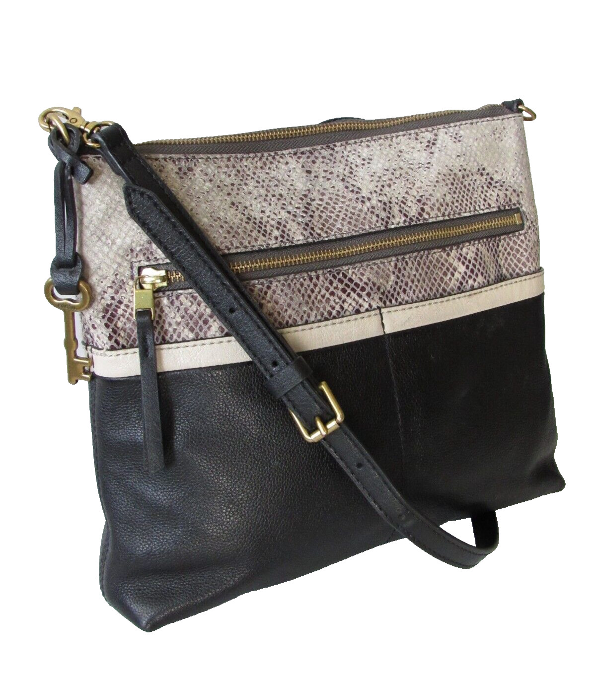 FOSSIL Black Leather CONVERTIBLE Crossbody/Shoulder Bag Detachable Strap Key Fob