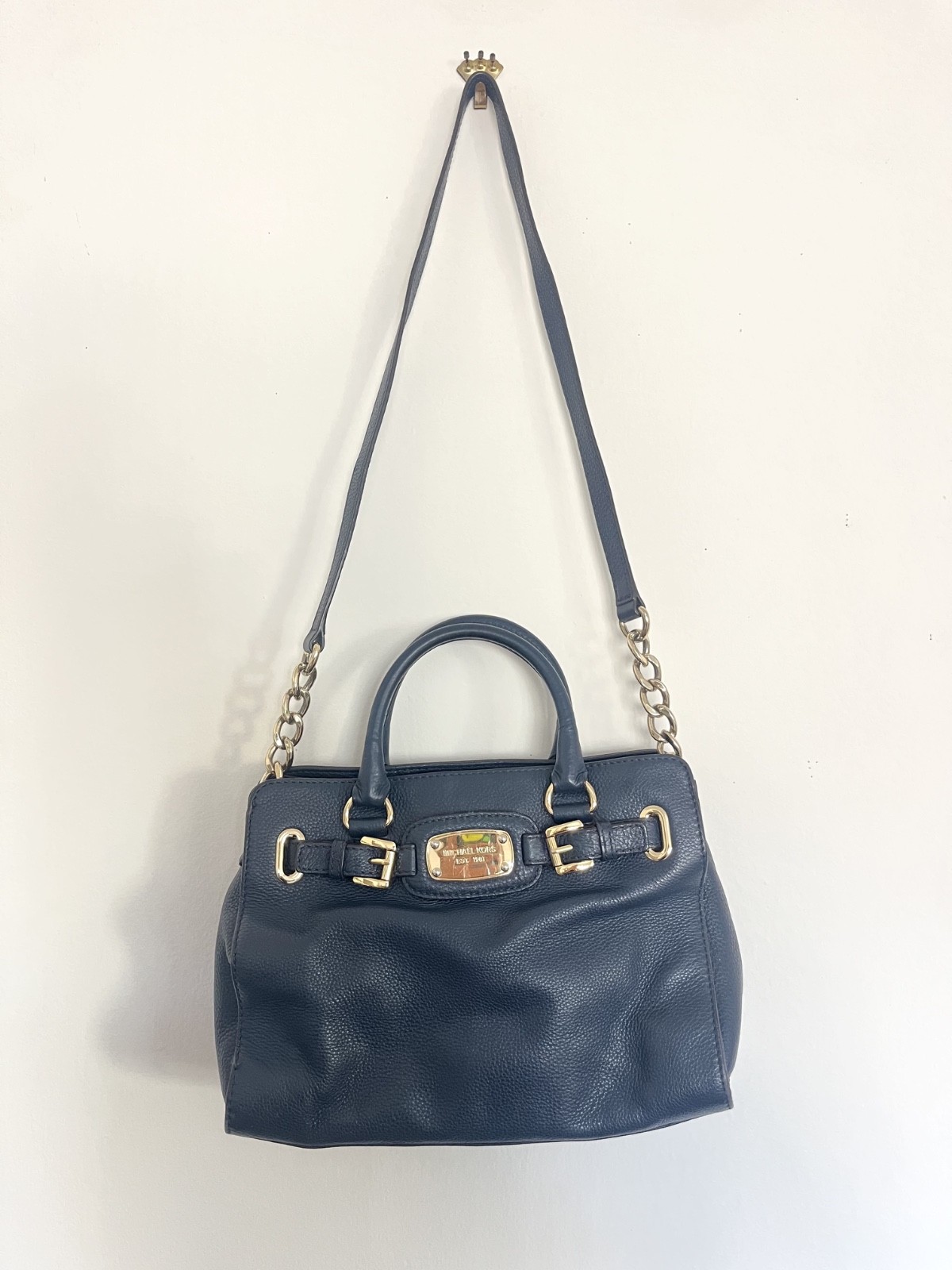 MICHAEL KORS “Hamilton” Steel Blue Pebbled Leather Satchel Bag Crossbody strap