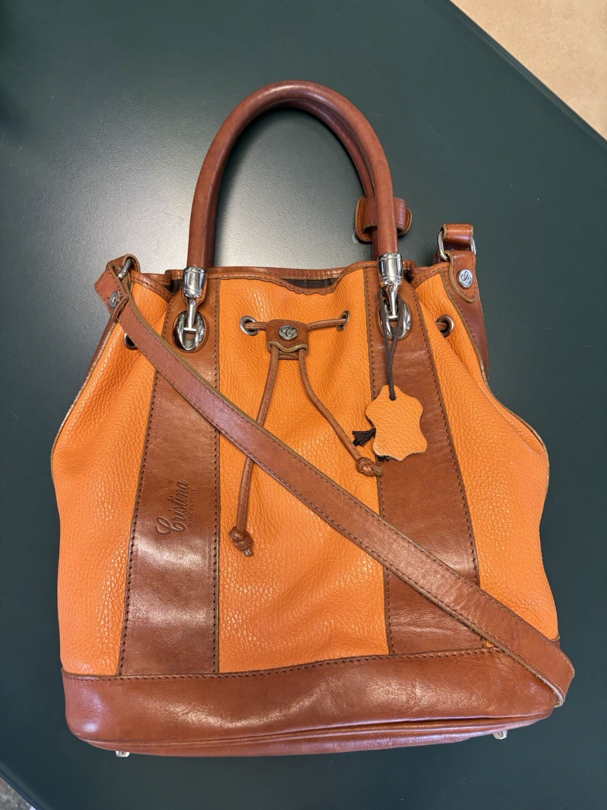 Cristina Leather Shoulder Handbag Purse Orange And Brown Made In Italy