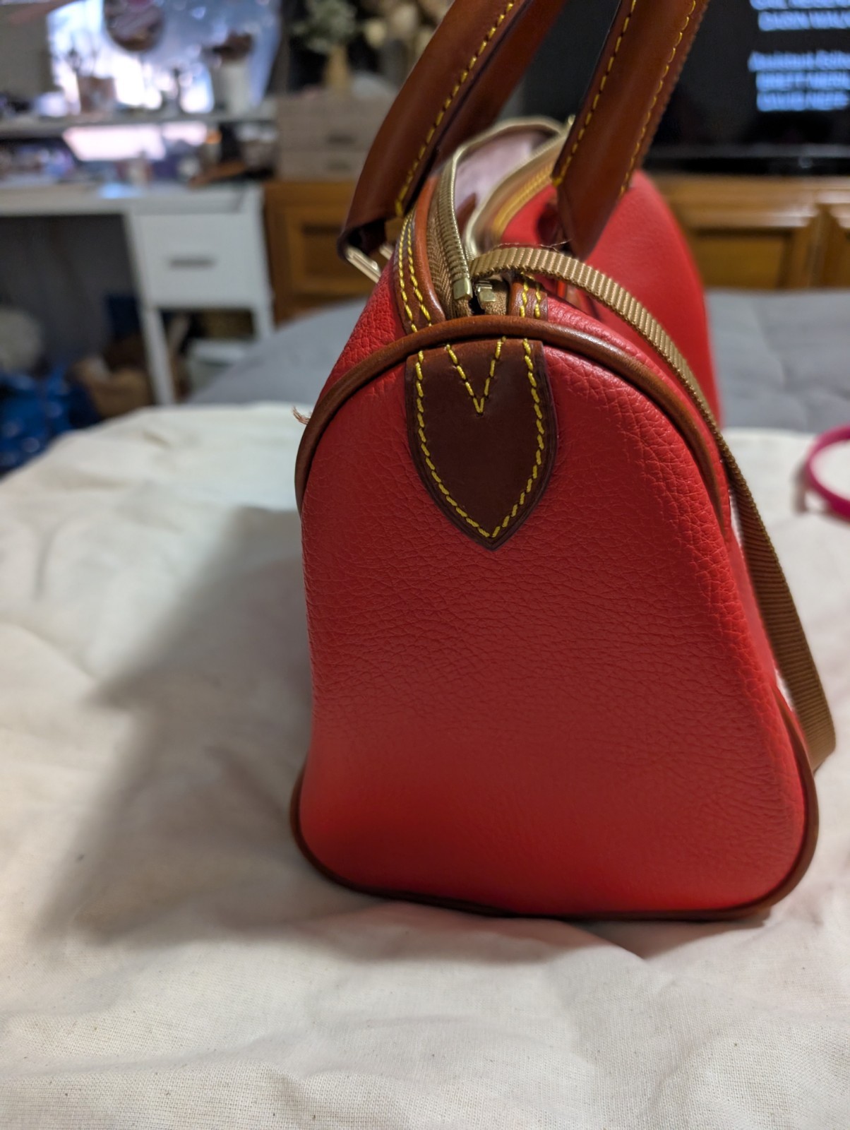 Dooney & Bourke Red Pebbled Zip-Top Satchel Top Handle Bag Brown Trim Dust Bag