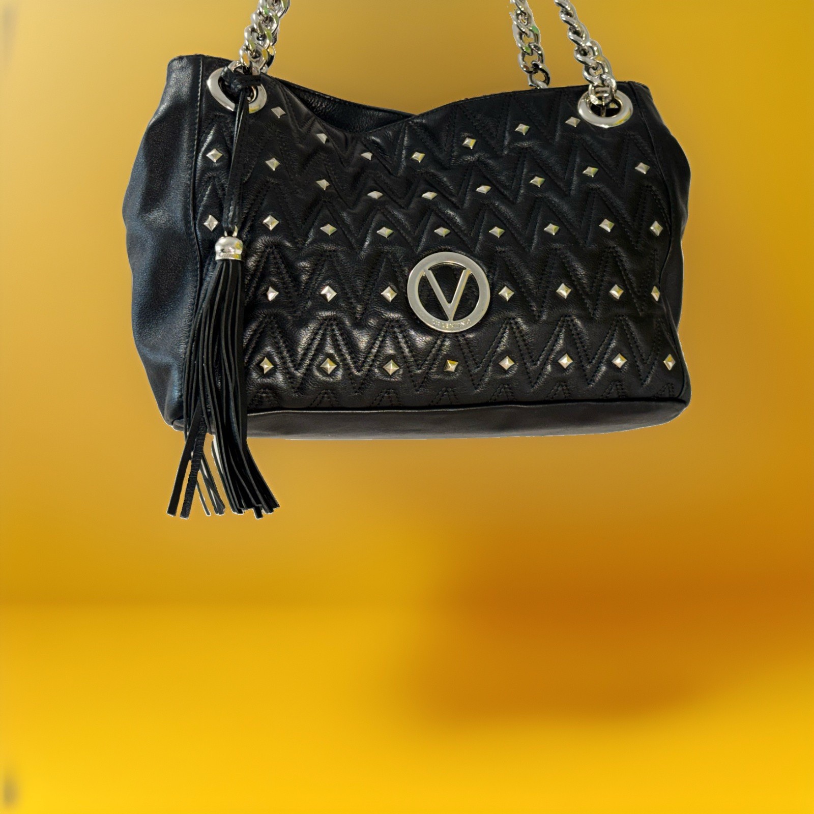 Valentino Black Leather Studded V Logo Chain Shoulder Tote Bag Italy