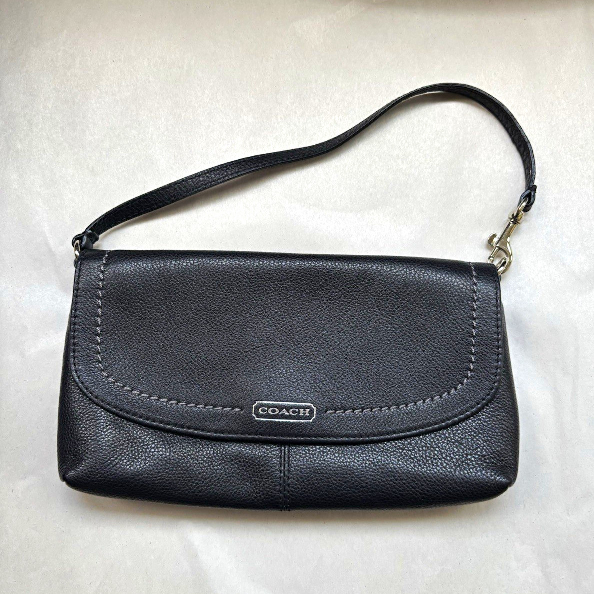 Coach Black Pebbled Wristlet Zip Pouch Lined Solid Stitching Silver Hardware