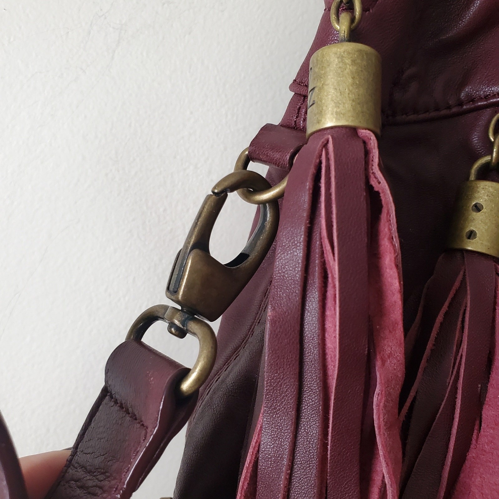 Women Luxe Rachel Zoe Burgundy Leather Fringe Zip Crossbody Satchel Large Bag