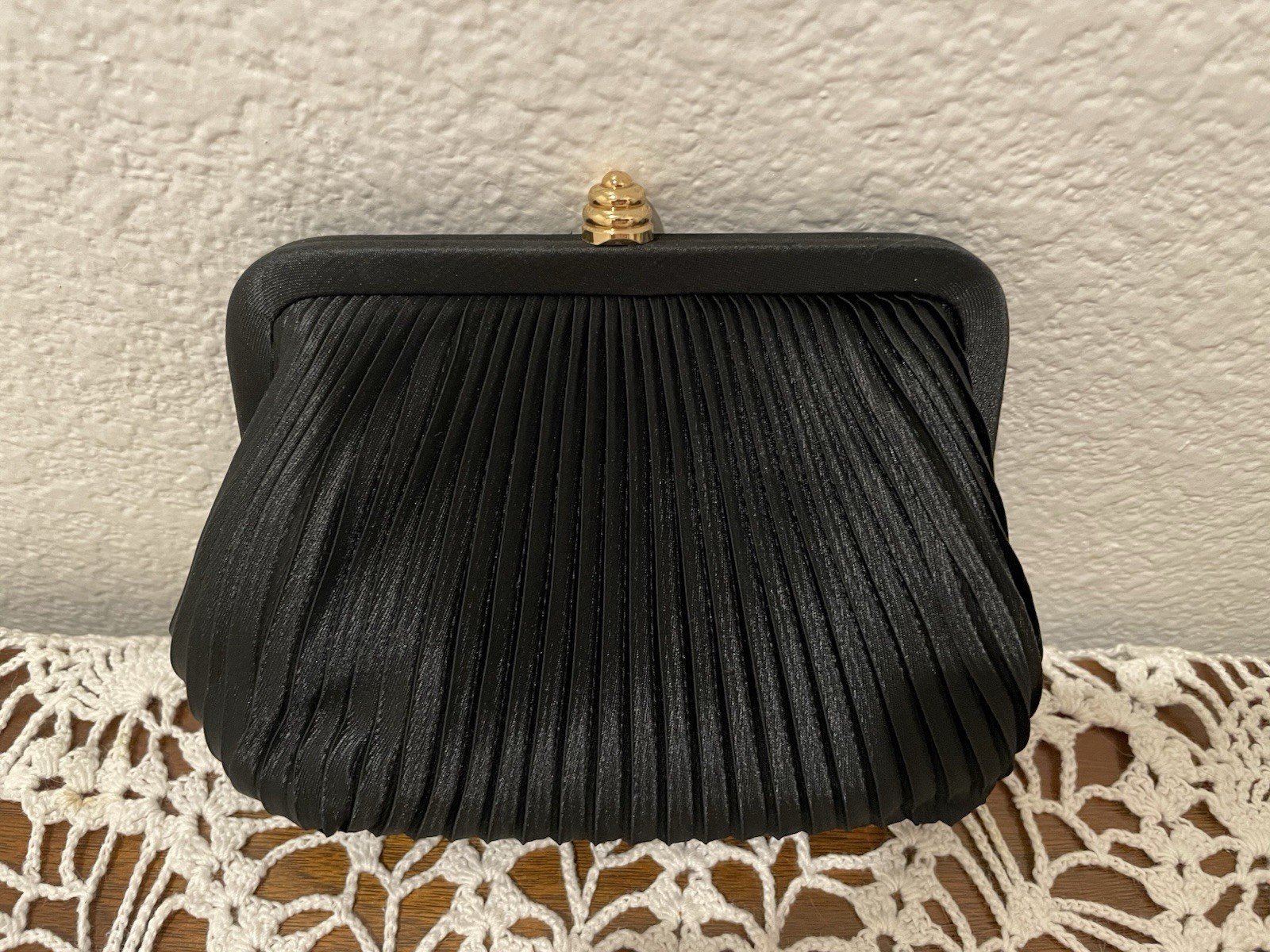 Small Black Satin Pleated Handbag 5 1/2 X 7 Inch Gold and Cord Shoulder Straps