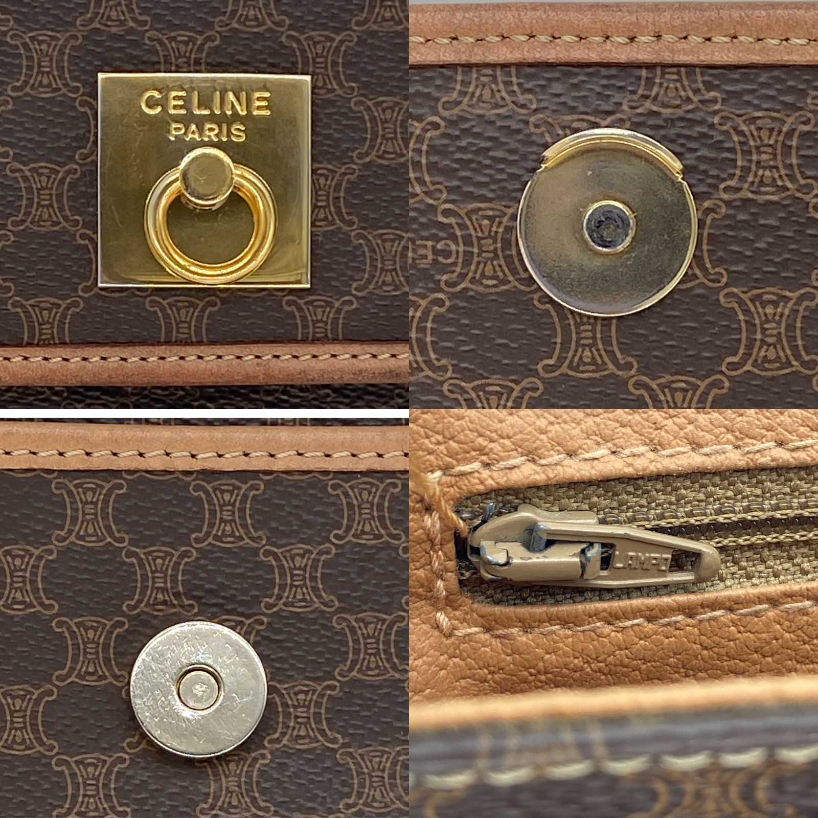 CELINE Vintage Shoulder Bag Macadam Circle Hardware PVC Leather Brown Authentic
