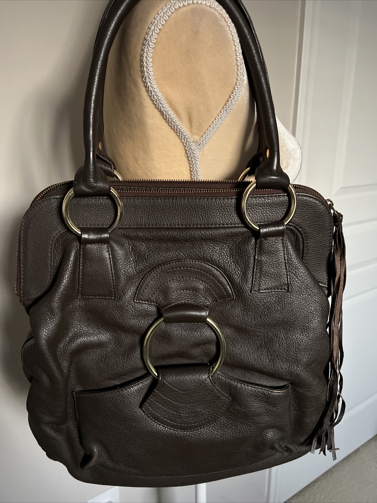 Vintage BULGA Chocolate BROWN LEATHER FRINGE LARGE TOTE SHOPPER BAG HANDBAG*