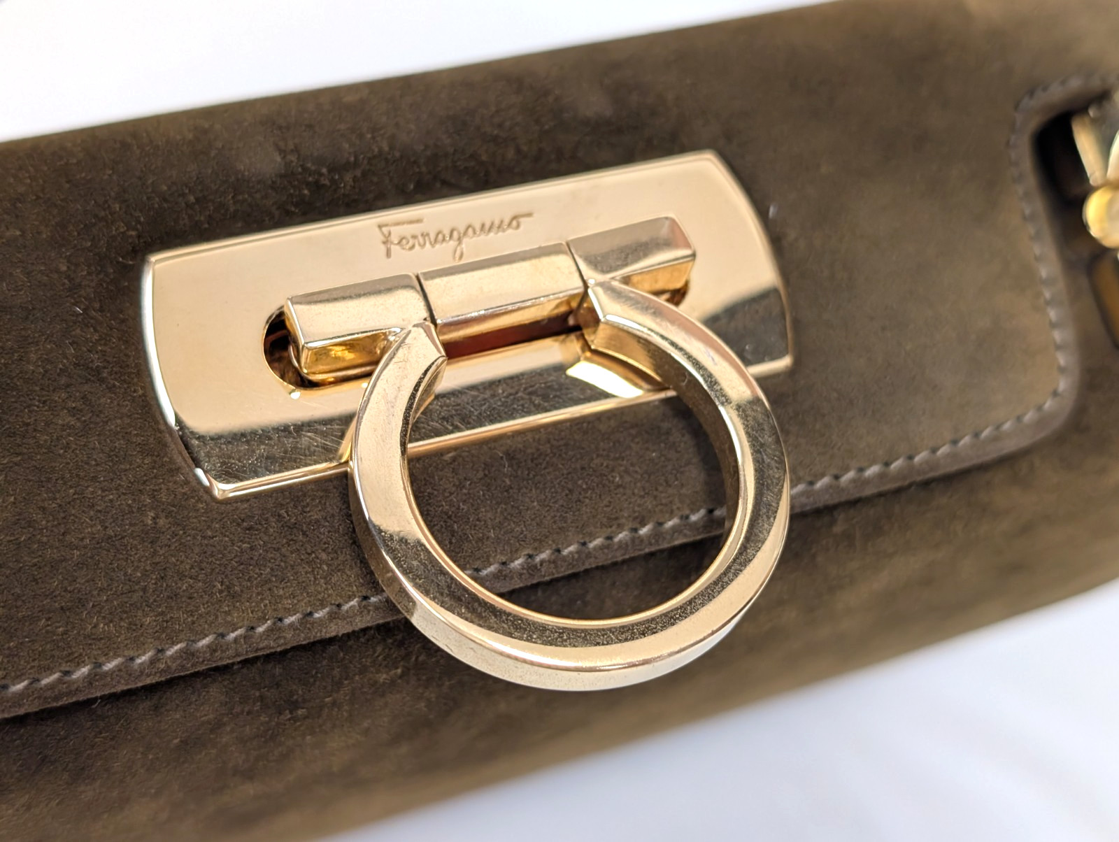 Salvatore Ferragamo Gancini Shoulder Hand Bag Purse Suede Khaki