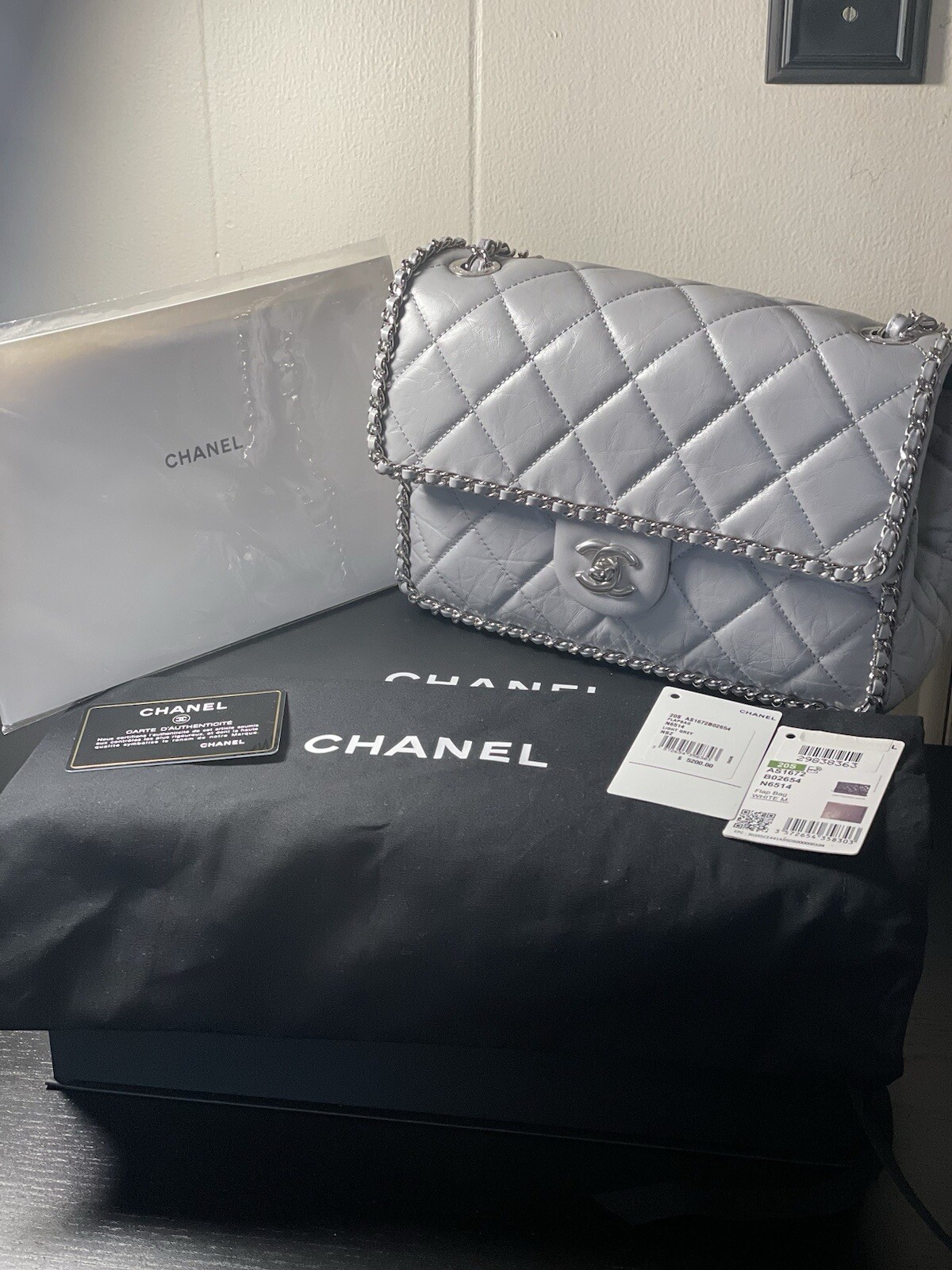 Auth Preloved Chanel CC Classic Flap Bag Medium Large Chain Around Dove Grey 20S