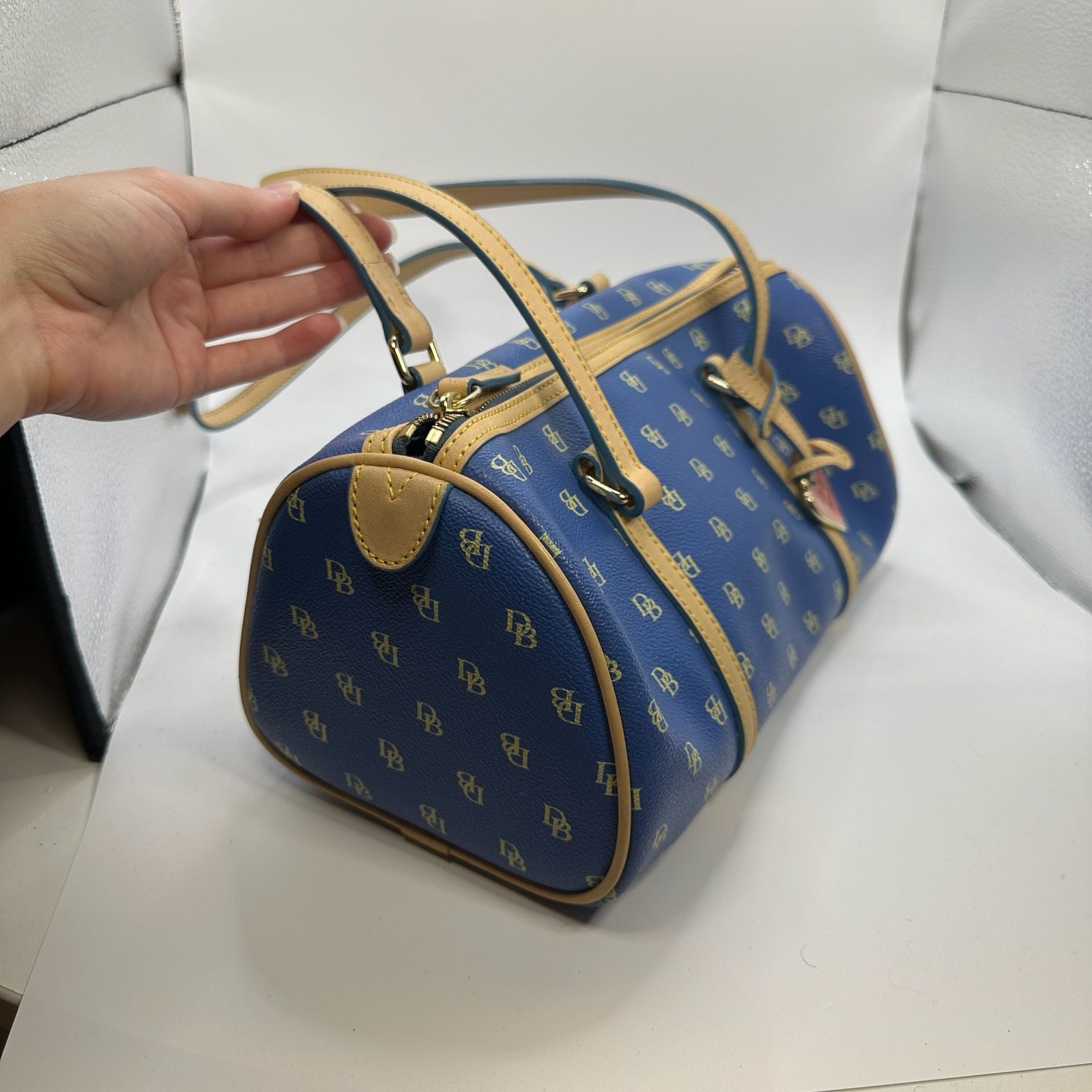 Dooney & Bourke Signature Monogram Blue Barrel Shoulder Bag with Pink Heart Char