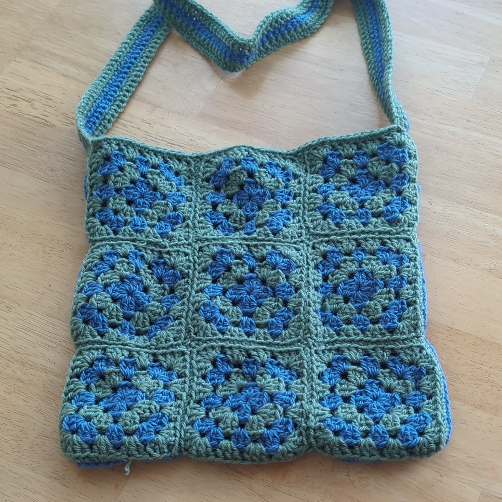 Blue/Green Crochet Granny Square Shoulder Bag Purse, Lined, Snap, Black Lining