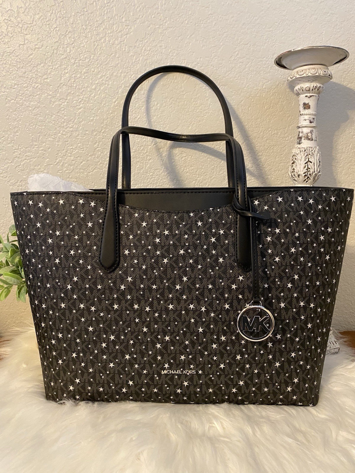 Michael Kors Large Tote Black Star Print Zip Closure Silver Hardware Charm
