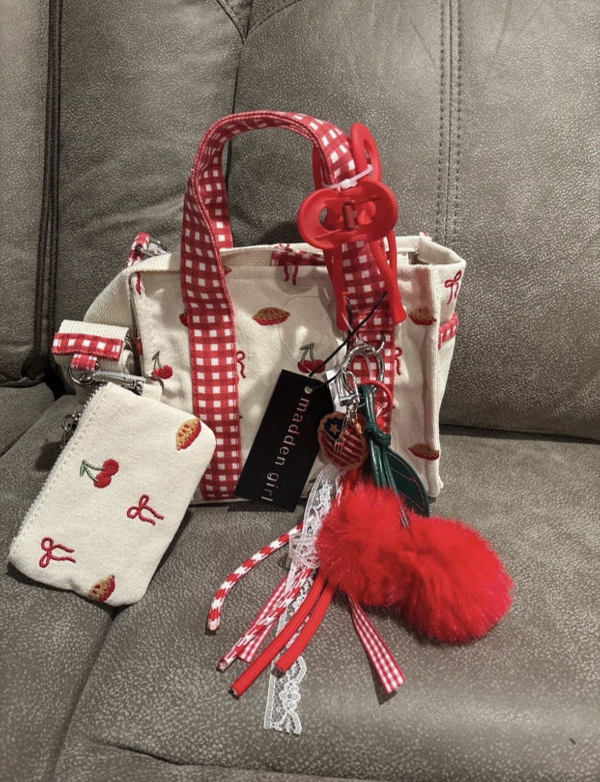 Madden Girl Small Crossbody Satchel Cherry Gingham Zip w/ Coin Purse Charm