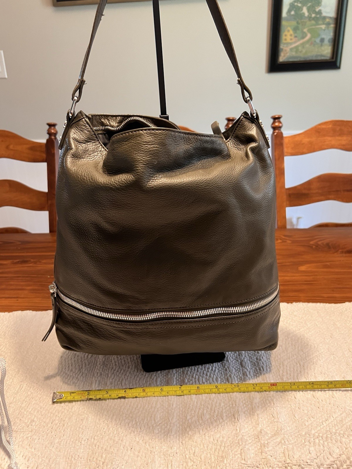 Margot Green Pebbled Shoulder Bag Front Zip Pocket Silver Hardware Lined Adj