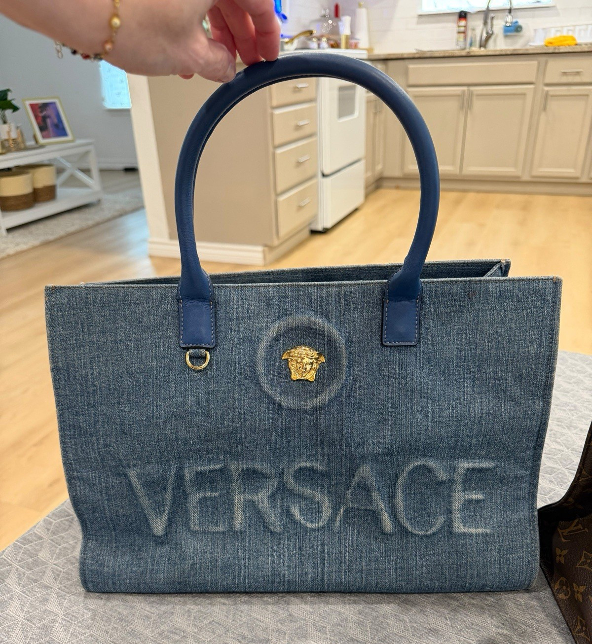 Versace Blue Medusa Logo Tote Bag Top Handle Detachable Strap Gold Hardware