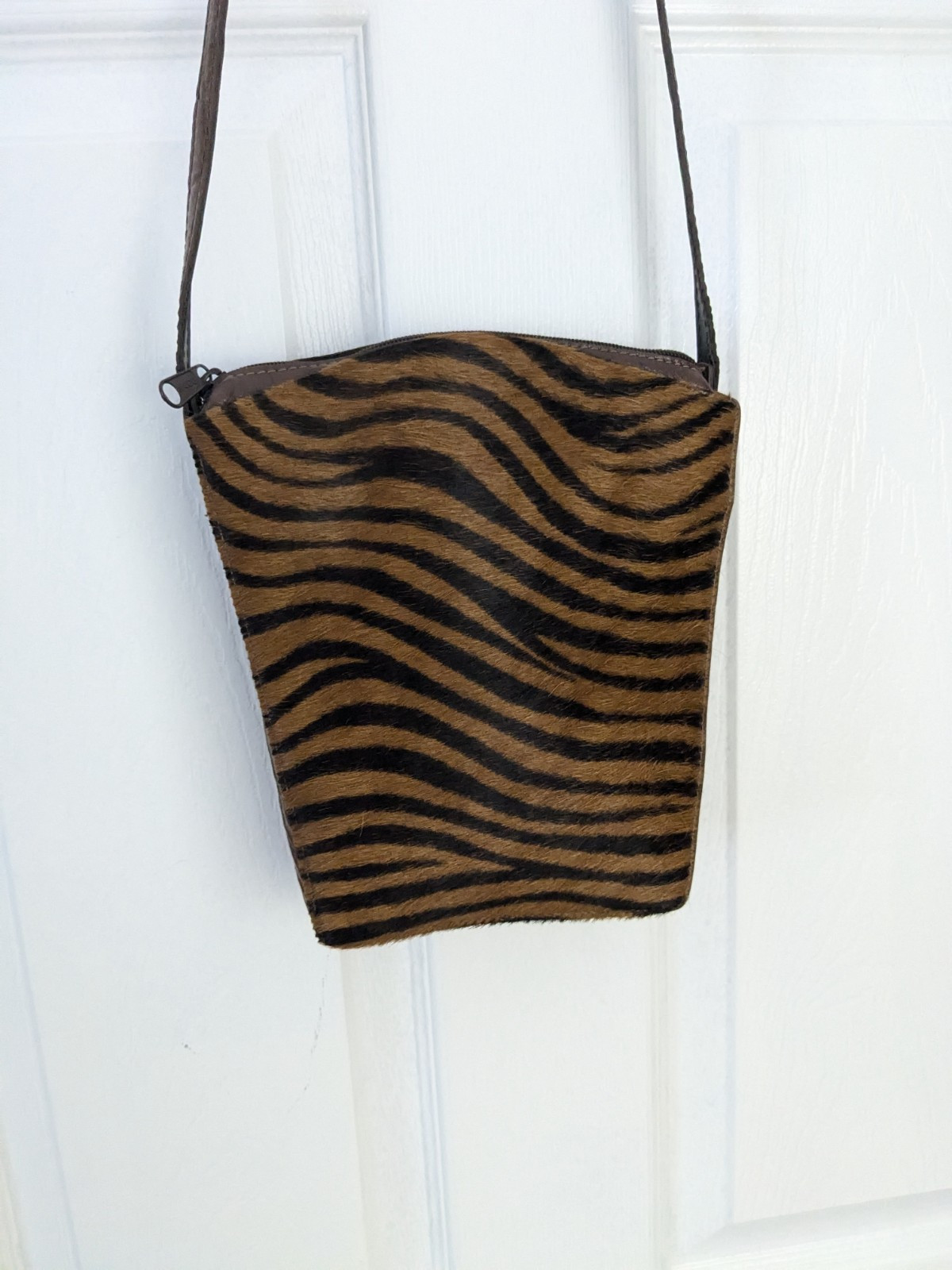 Priore Zebra Calf Hair Brown Leather Crossbody Purse Made in USA Full Zip