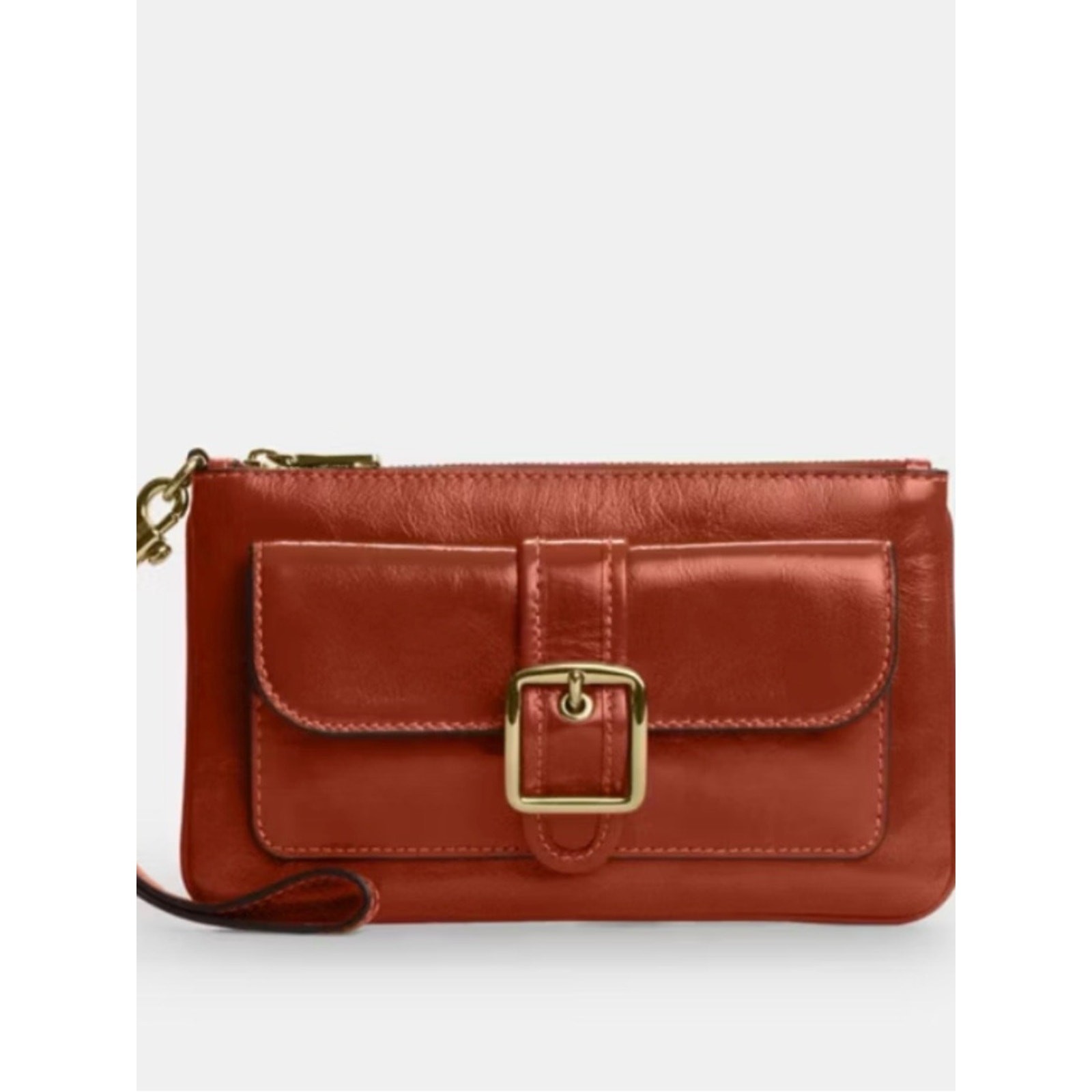 Coach Red-Orange Leather Wristlet Clutch with Buckle Pocket