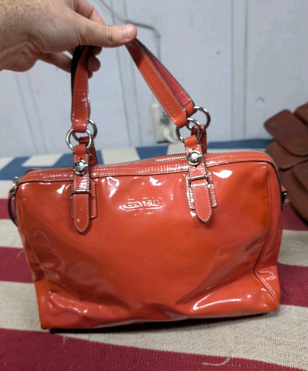 Coach Nancy Patent Leather Satchel Z24041 Salmon Orange Handbag