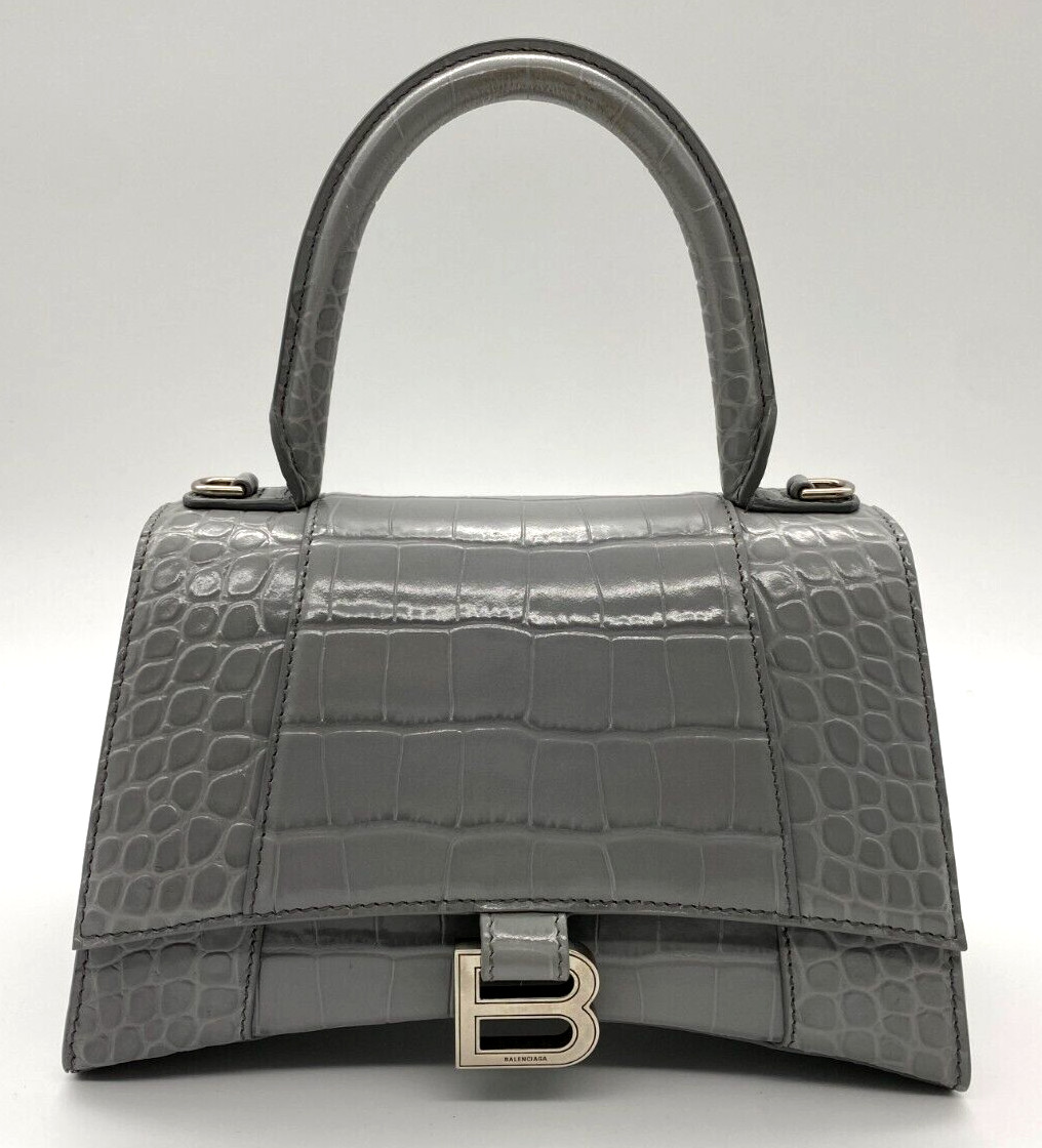 BALENCIAGA Small Hourglass Croc Embossed Gray Leather Top Handle Bag – New
