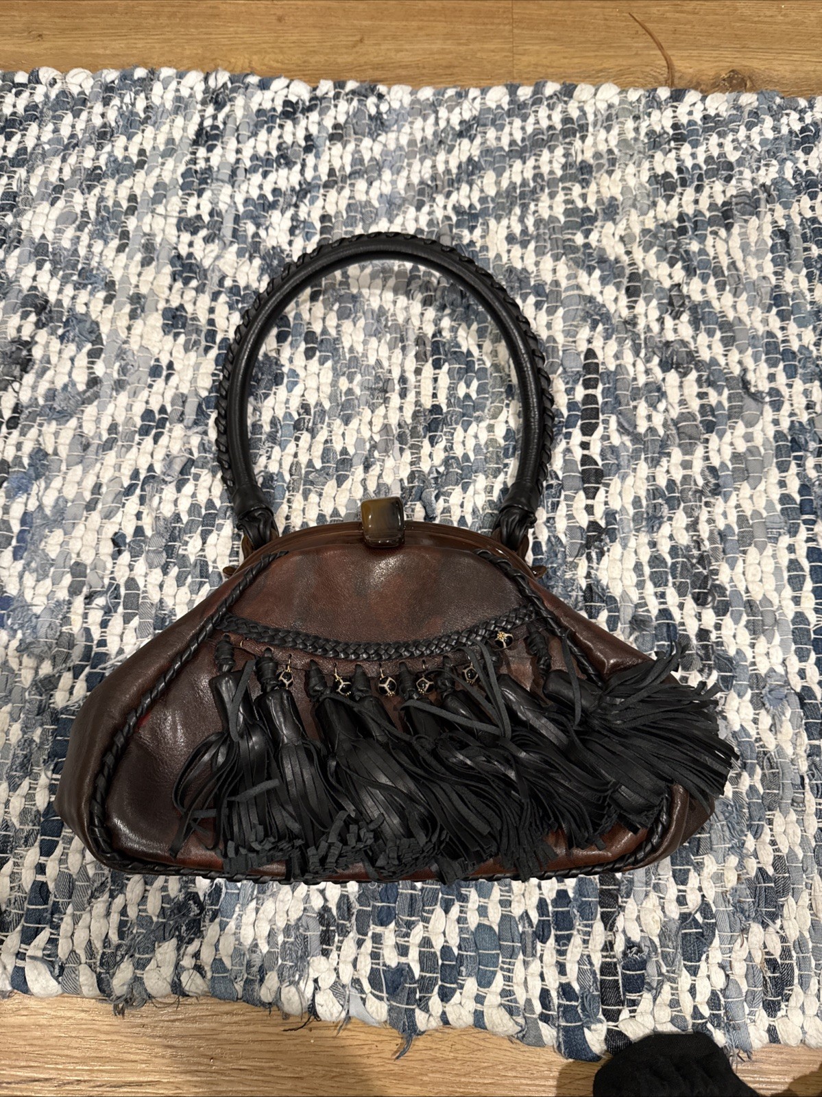 Anthony Luciano Women’s Clutch Bag Brown Leather Fringe Beaded Clasp Closure