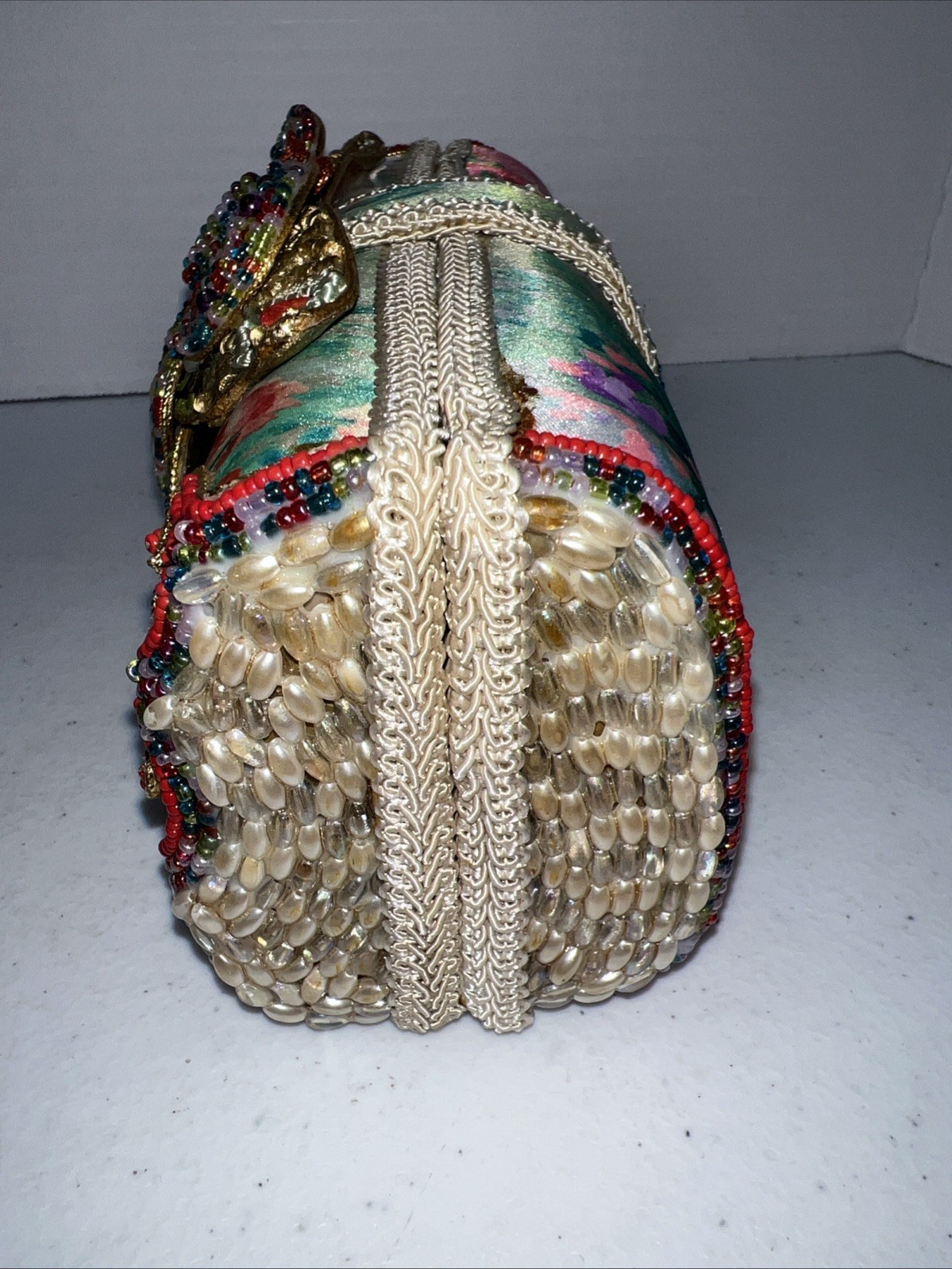 MARY FRANCES Butterfly Satin Silk Beaded Vintage Clutch With Strap