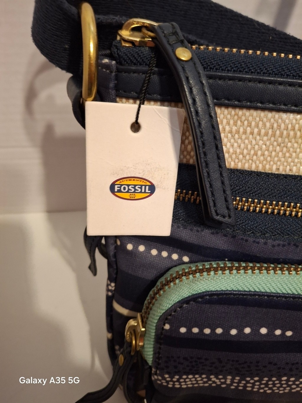Fossil Blue and Beige Crossbody Bag with Green Accent NWT