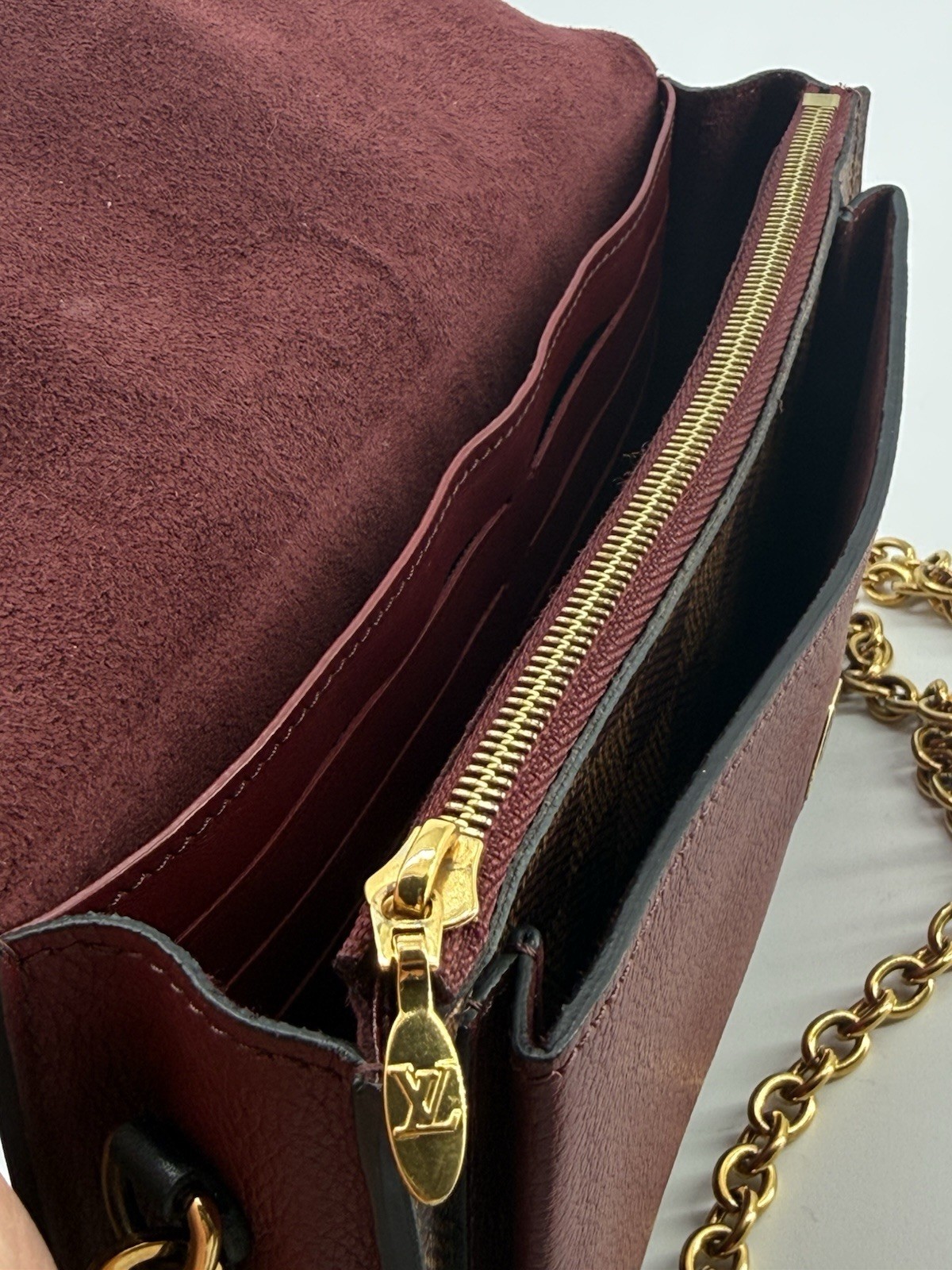Louis Vuitton Vavin Chain Wallet NM In Damier Ebene Brown Canvas