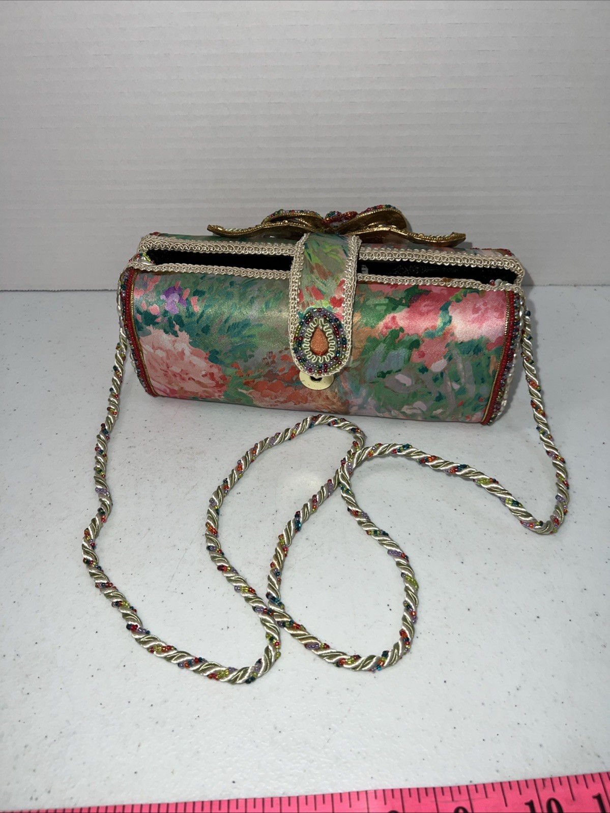 MARY FRANCES Butterfly Satin Silk Beaded Vintage Clutch With Strap