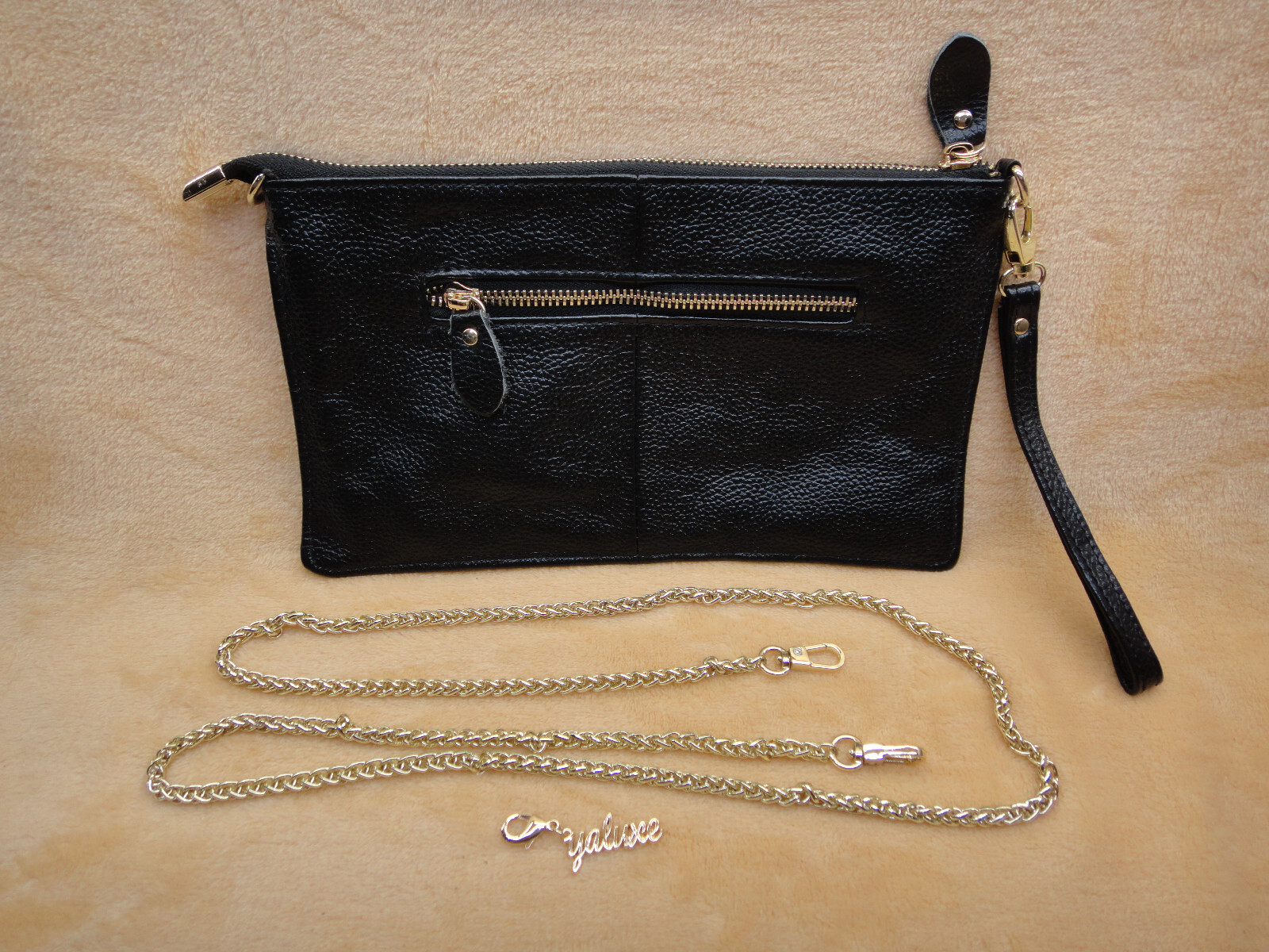 YALUXE Pebbled Leather Zippered Clutch Wristlet Crossbody Bag – Black Gold HW