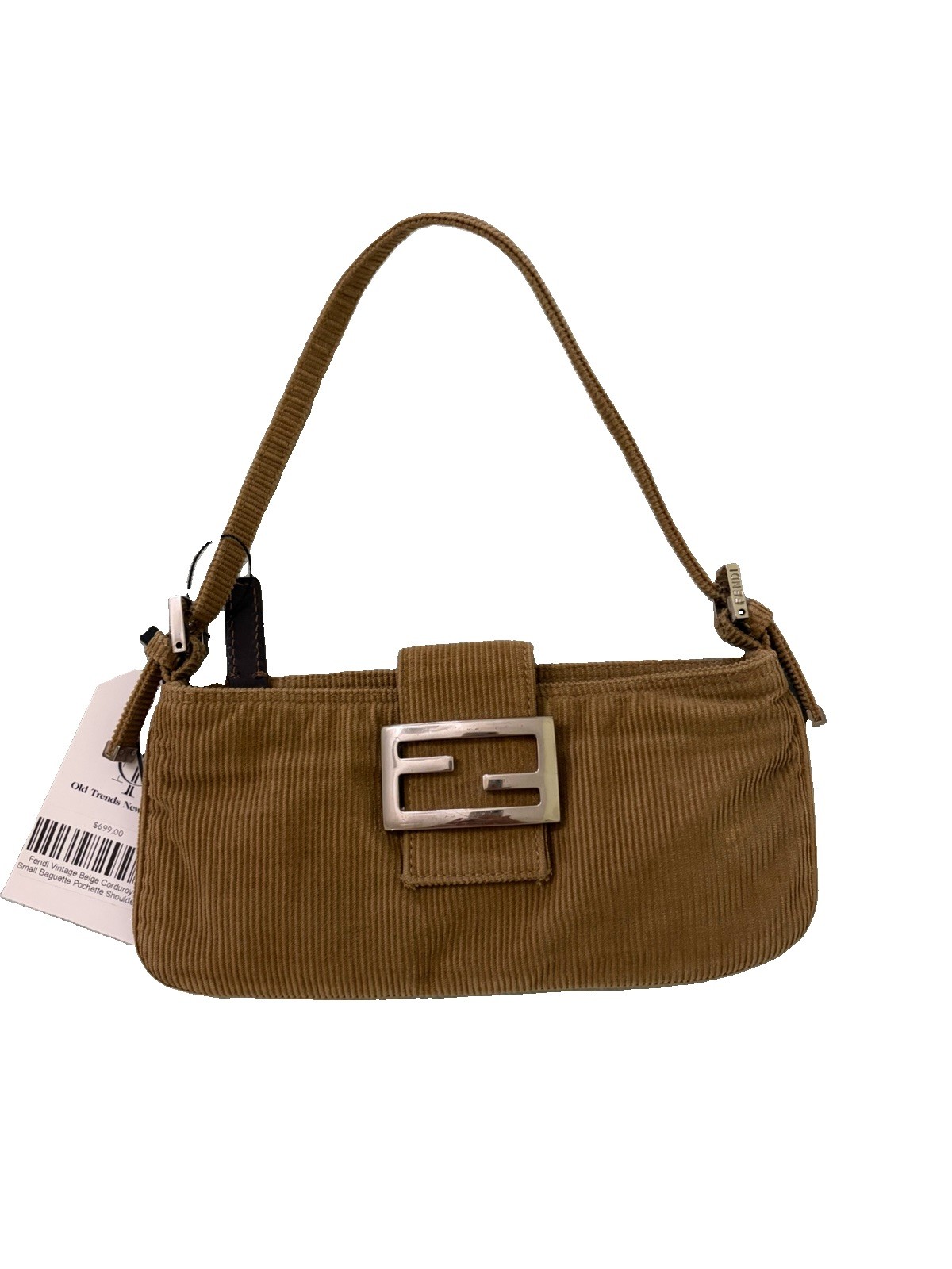 FENDI Vintage FF Logo Corduroy Baguette Shoulder Mini Bag Light Brown Zip