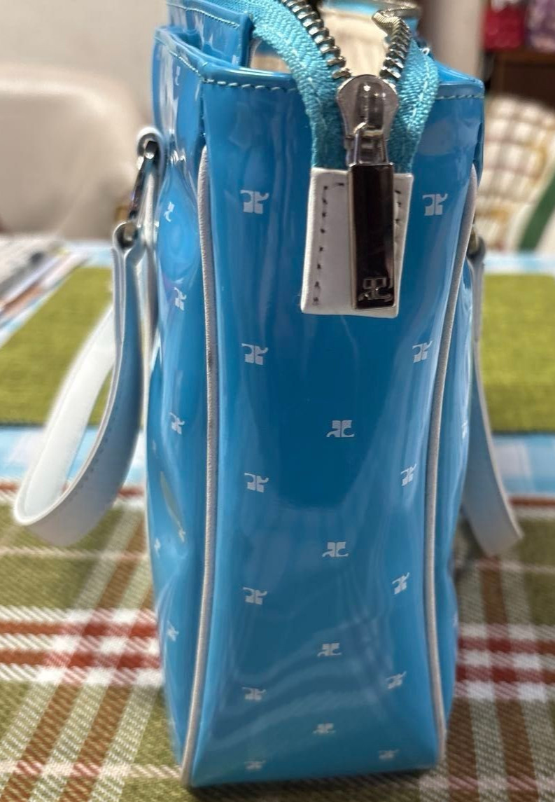 Courreges Blue Enamel Tote Bag Logo Handbag Shoulder Bag Women Width 30cm