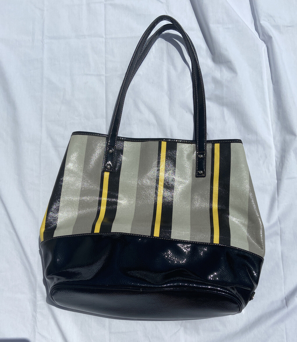 NINE WEST Shoulder Tote Bag With Matching Wristlet Black Grey & Yellow Striped