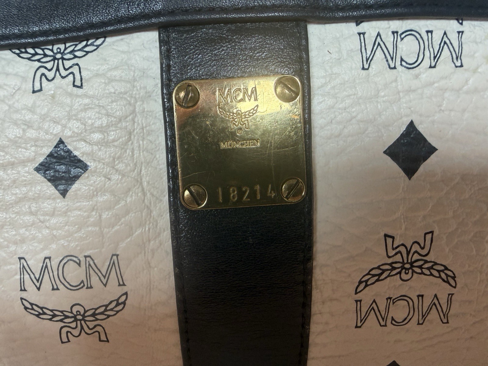 MCM White Blue Visetos Monogram Barrel Satchel Zip Top Handle Lock Gold