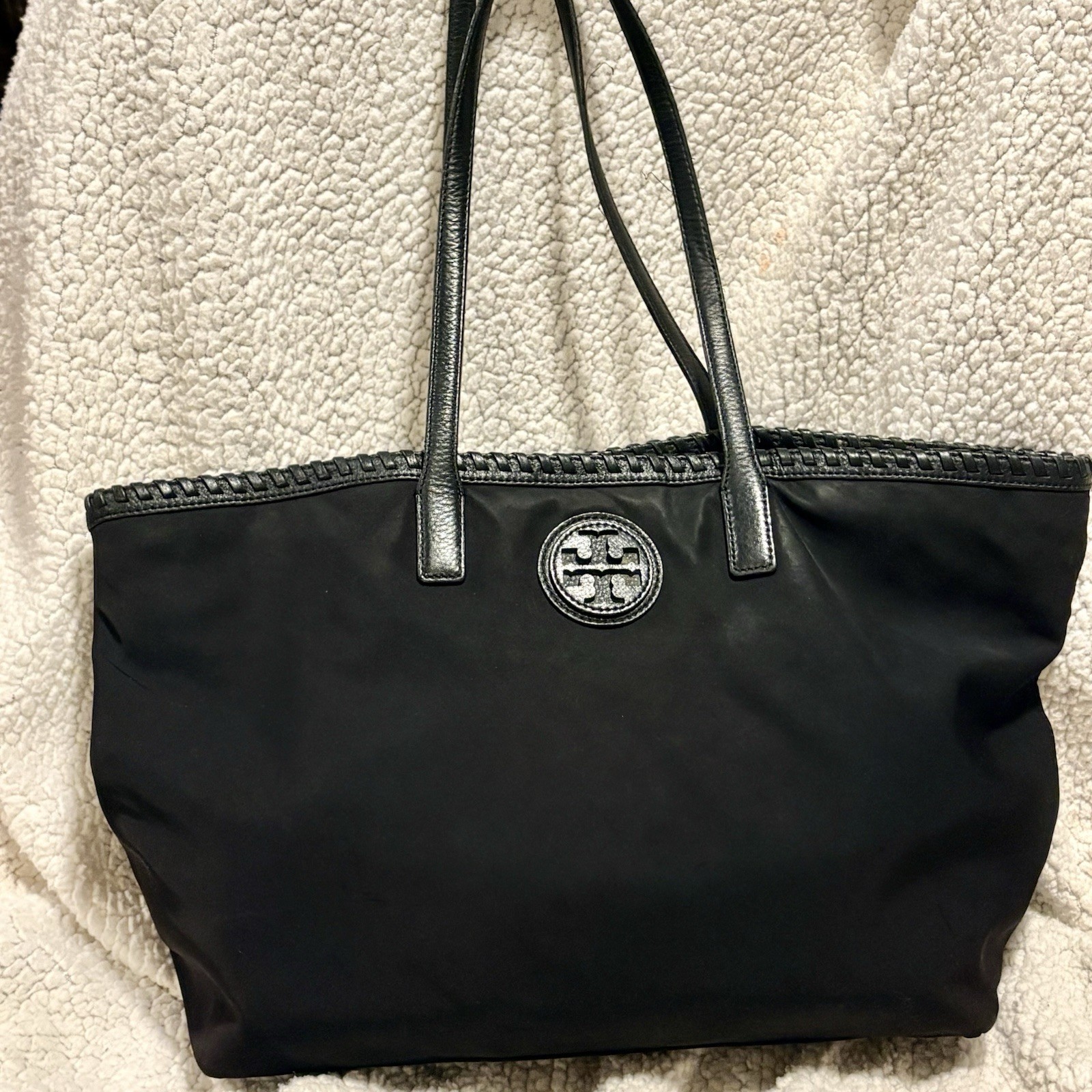 Lux Tory Burch Large Black Leather & Nylon Tote Shoulder Bag + Surprise TB Gift