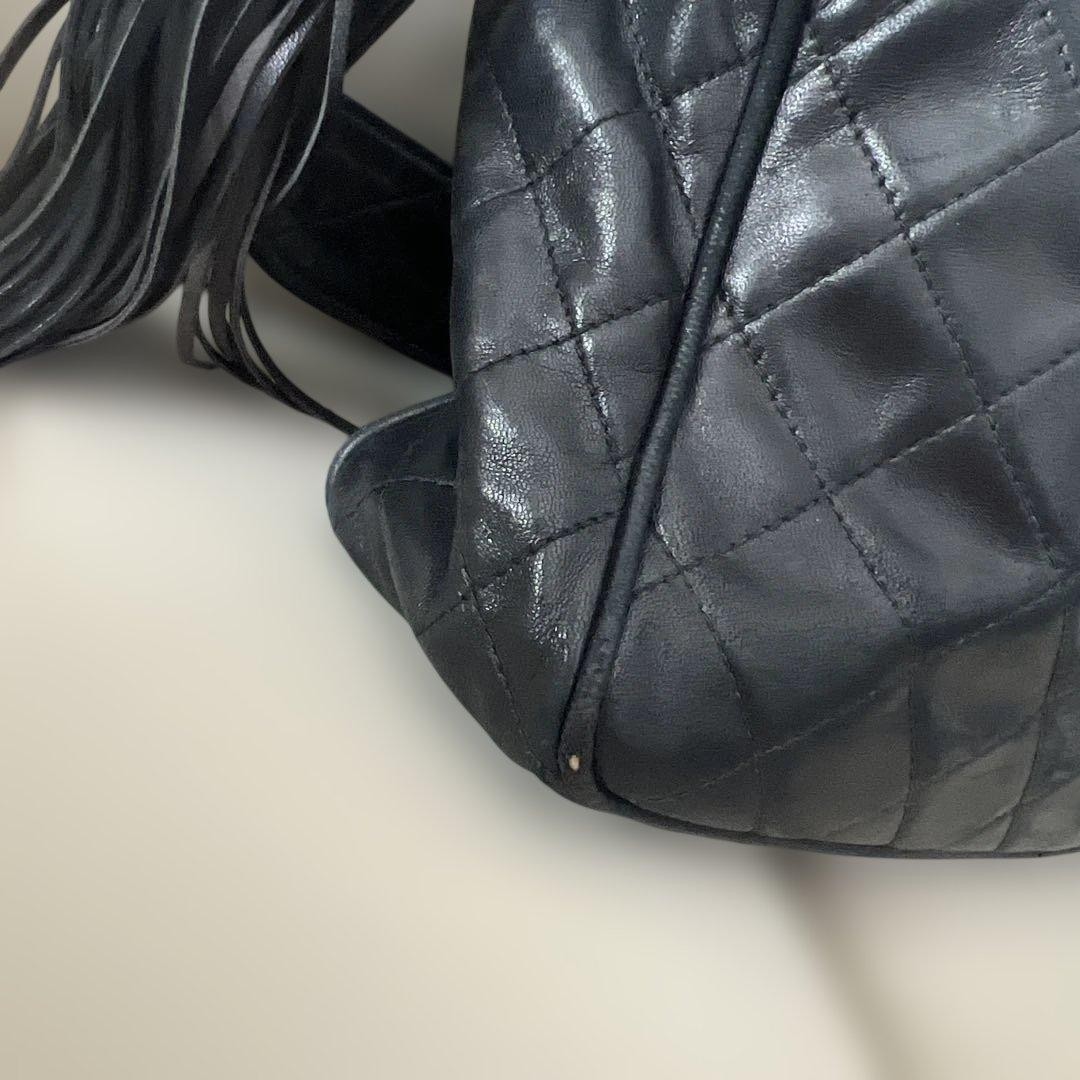 CHANEL Matelasse Lambskin Shoulder Bag Black Gold HW Tassel Chain 8.9×10.6in