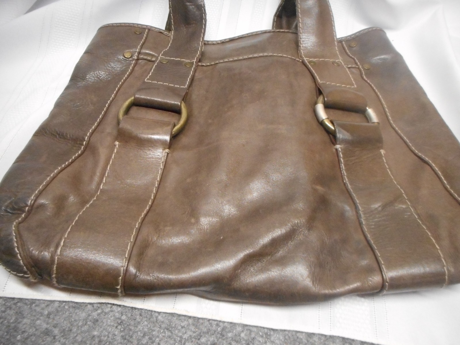 RUEHL No. 925 Heavy Leather Large Handbag Brown Handle Pocket 16×13 Lined