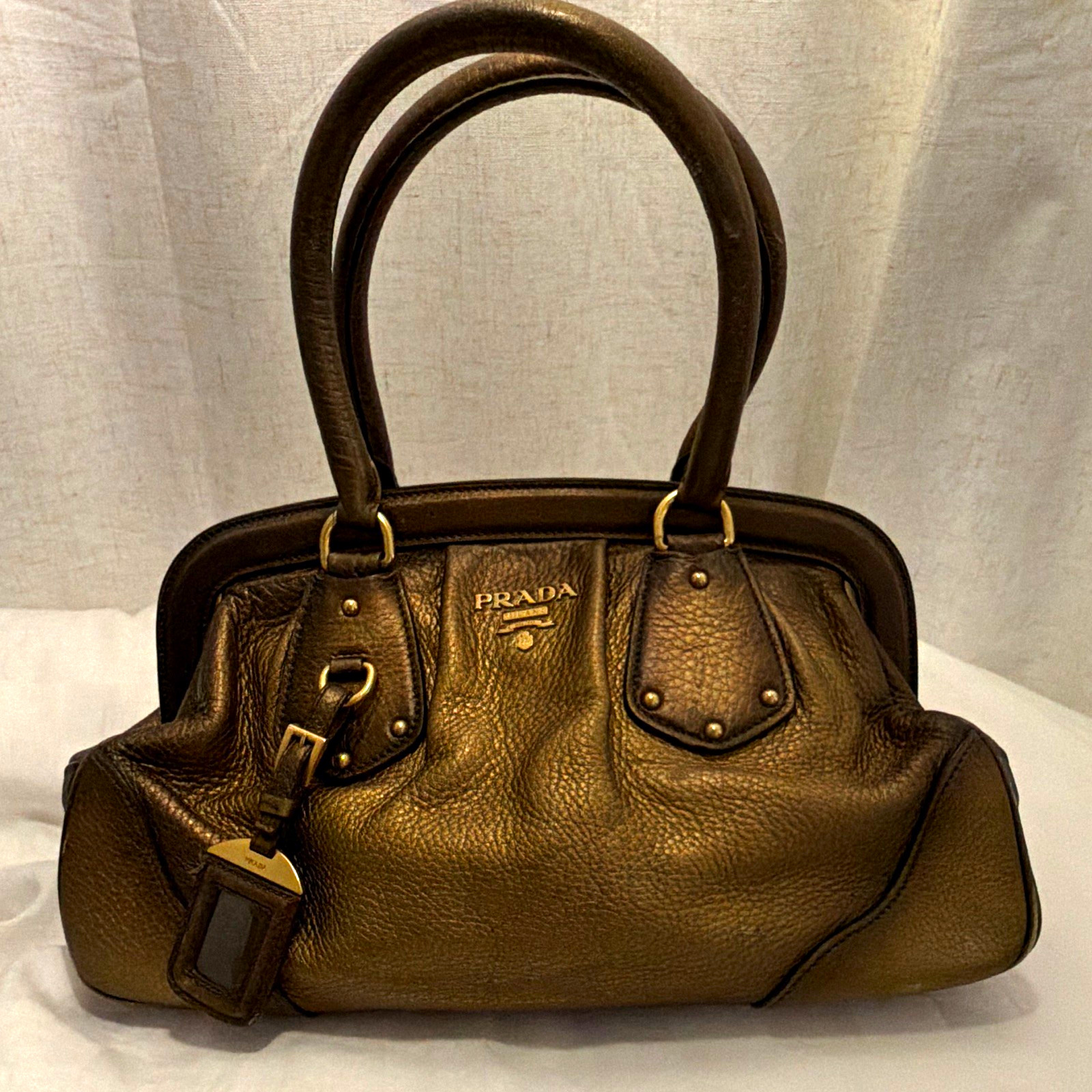 PRADA Brown Pebbled Satchel Top Handle Double Handles Zip Logo Bag Charm