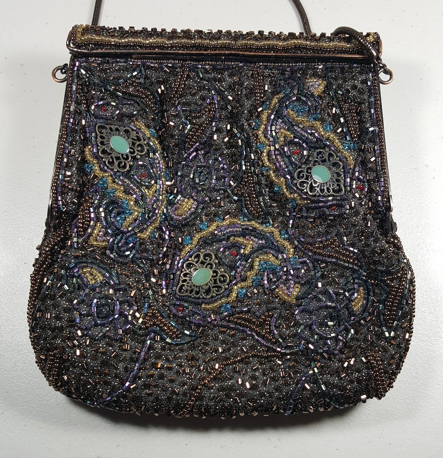 VANESSA Framed Beaded Purse Bronze Peacock Feather Design