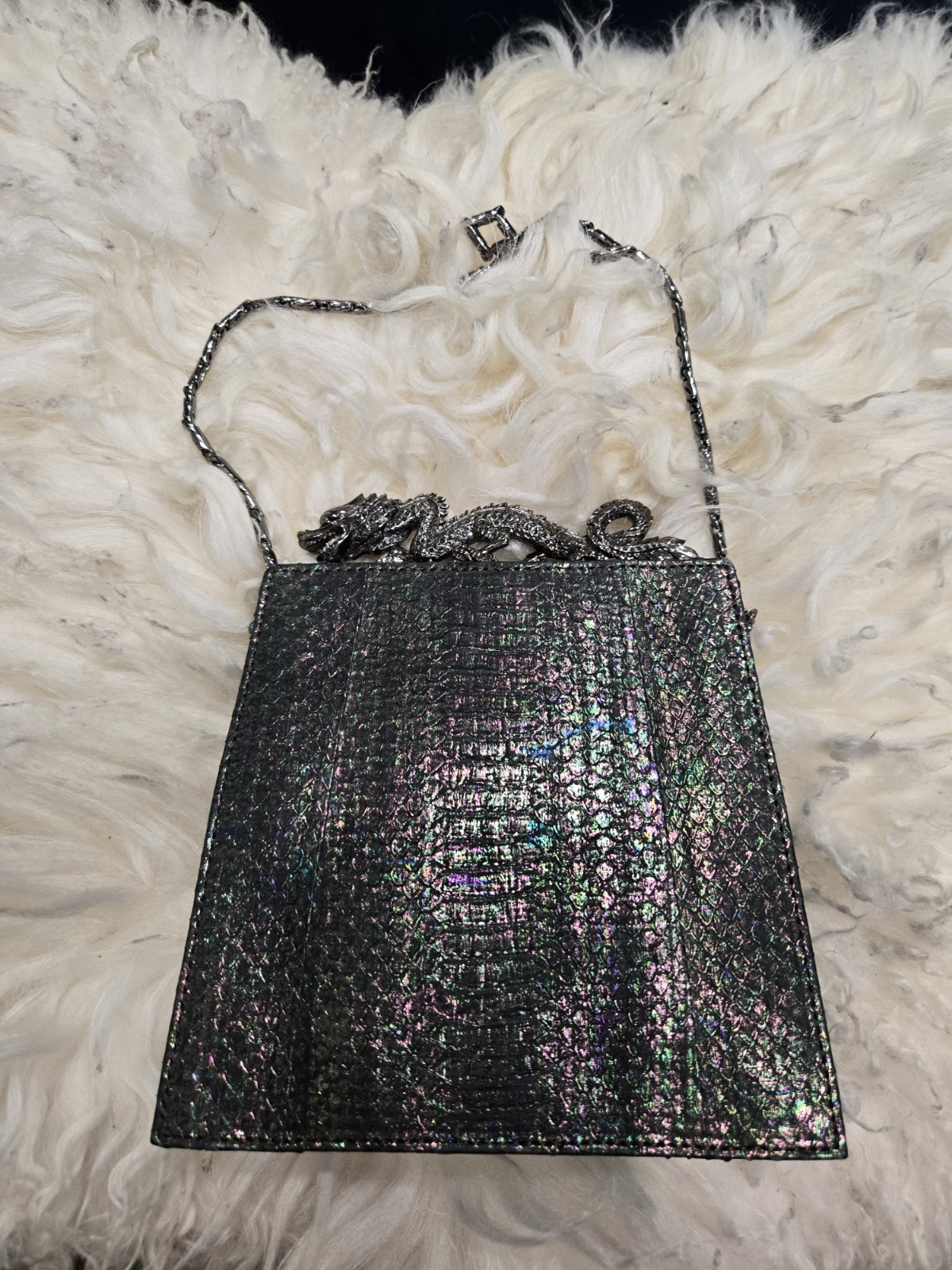 NEW judith leiber purse Dragon Clasp. Black Iradescent Snakeskin Leather.