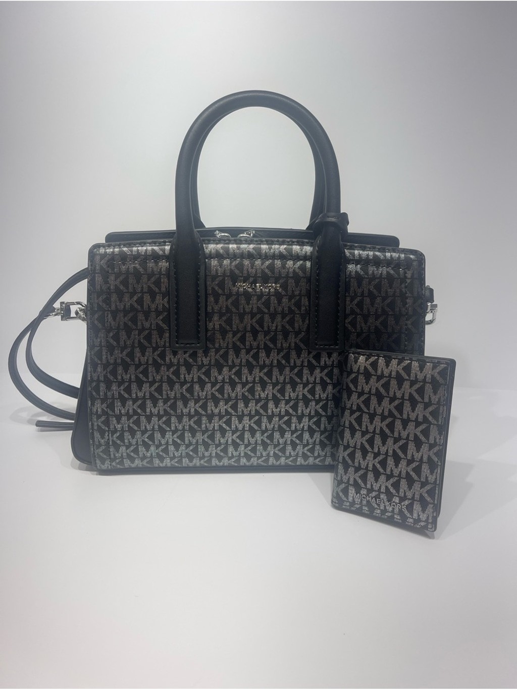 Michael Kors Laila Medium Satchel & Matching Wallet Black Silver Metallic Logo