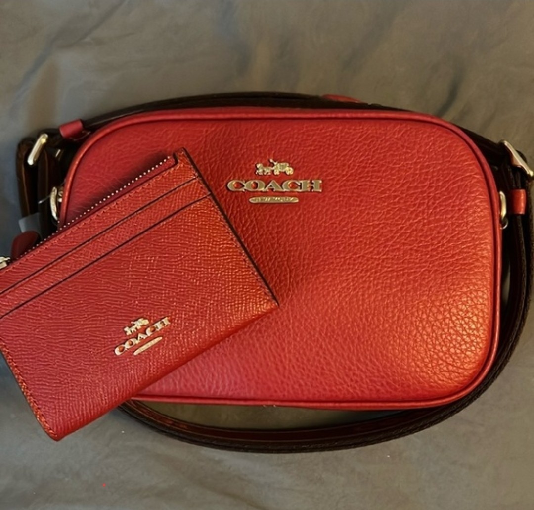 Coach Red Leather Jamie Mini Camera Bag + Matching Card Case