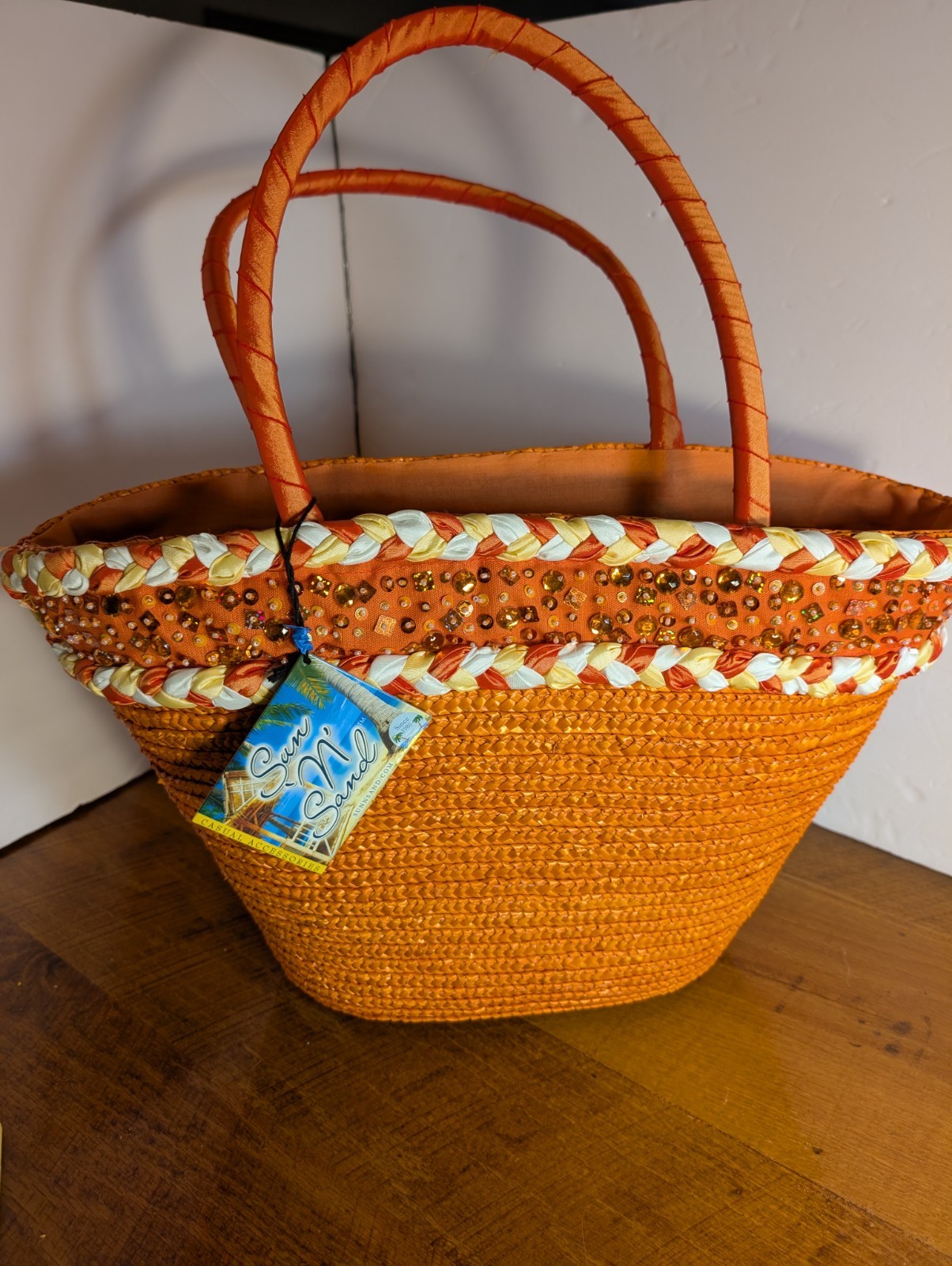 Beaded Raffia Beach Bag/Orange Sun N Surf/Vintage/New Tag